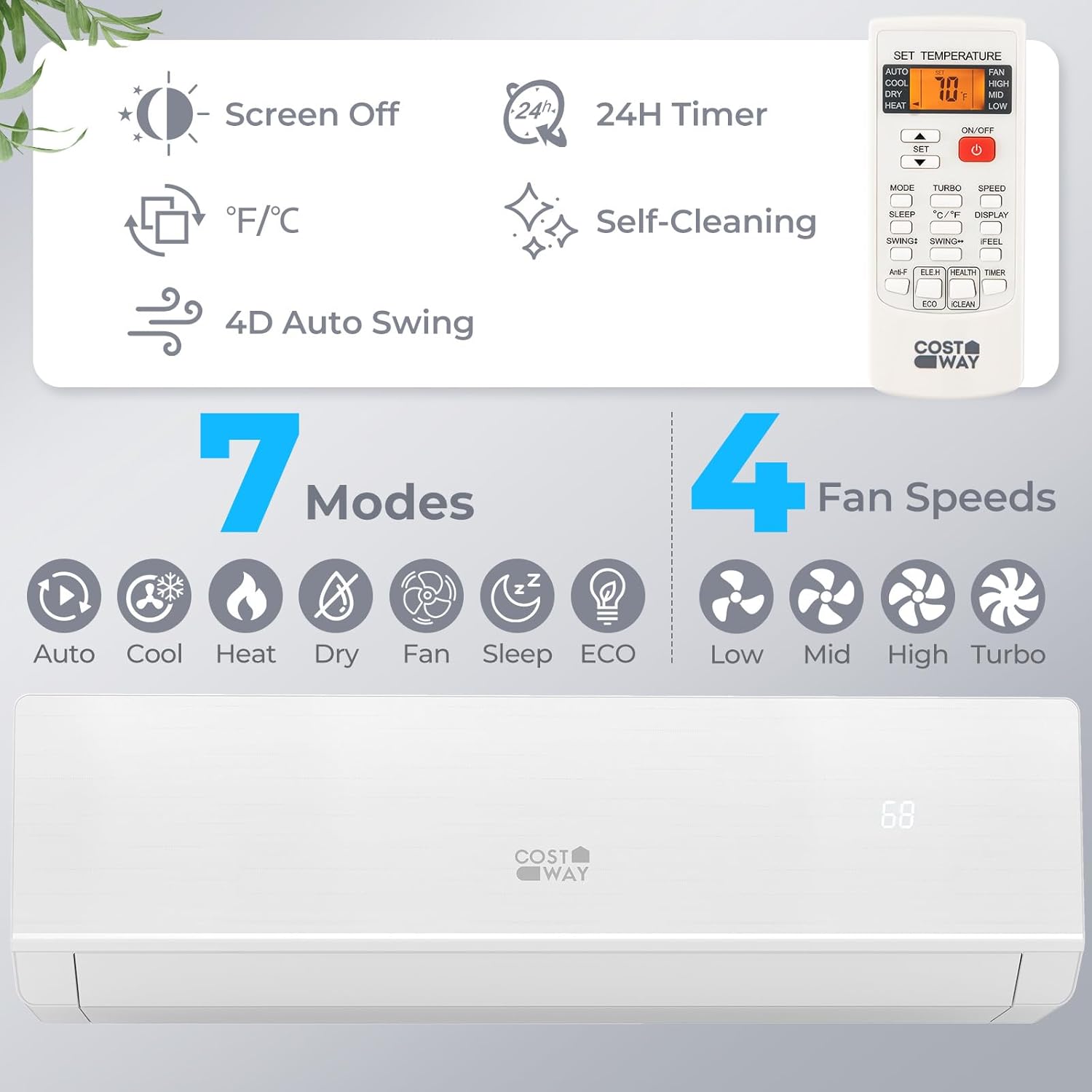 COSTWAY 18000 BTU Mini Split Air Conditioner & Heater, 208-230V WiFi Enabled 25 SEER2 Ductless Inverter AC Unit, Works w/Alexa, Cools Rooms Up to 1250 Sq.Ft