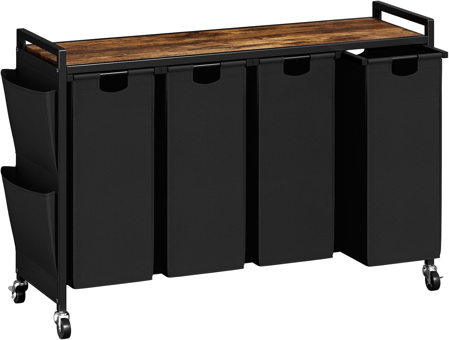 WOWLIVE 4-Compartment Laundry Hamper with Lid,Rolling Laundry Basket Organizer with Wheels, Iron-Made Laundry Sorter with Top Shelf and 4 Removable Bags,Large Clothes Storage for Room,Black