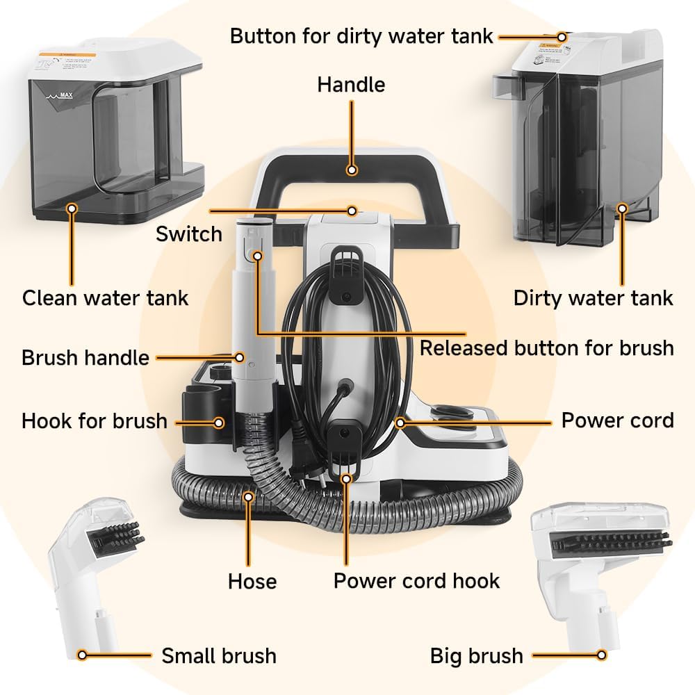 Hoteche Portable Carpet Cleaner Machine, Powerful Handheld Spot Extractor for Pet Stains, Upholstery & Car Interior Cleaning, Dual Tank System, Lightweight Electric Carpet Shampooer with Accessories