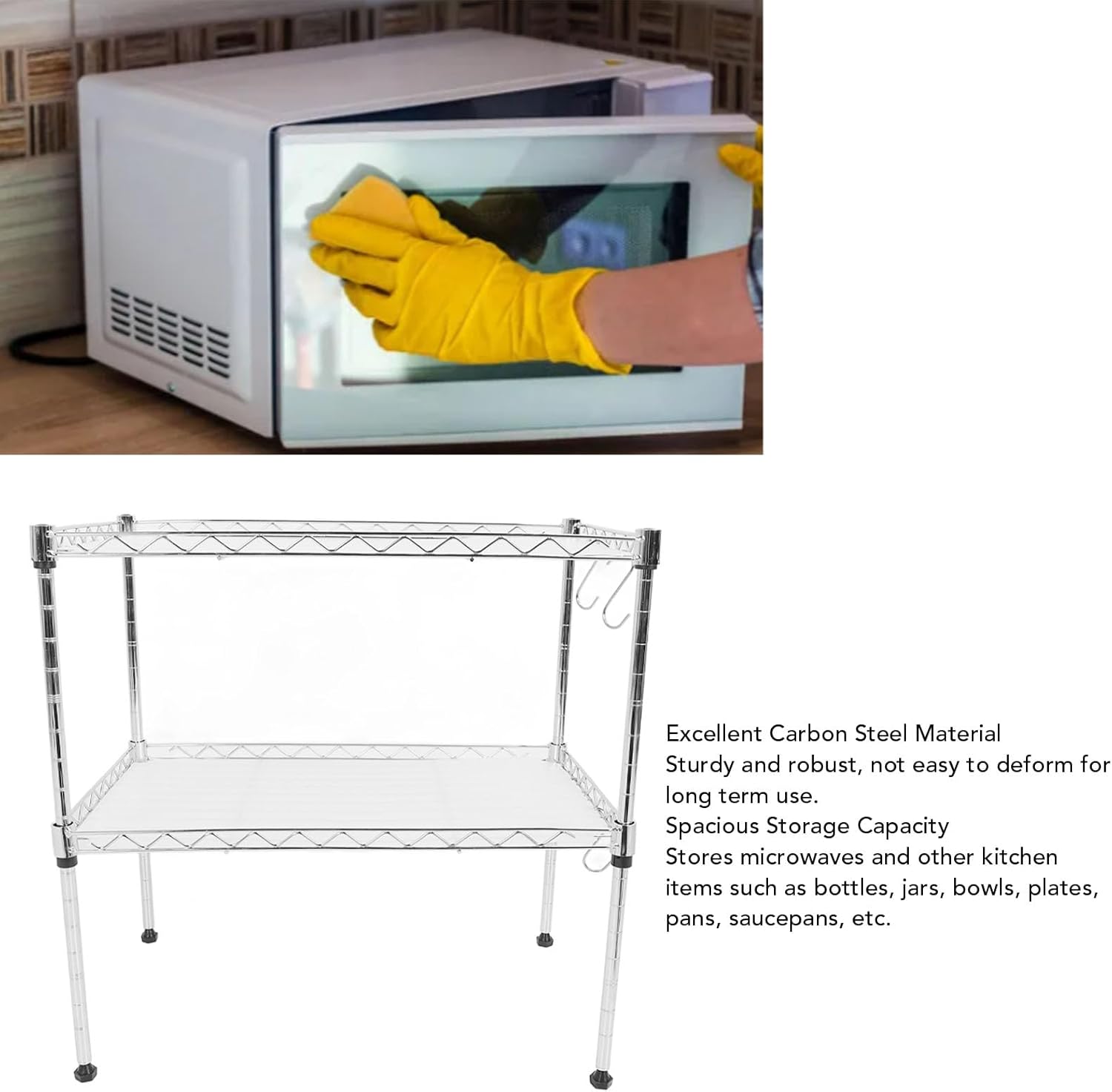 Microwave Rack Double Layer Adjustable Over Microwave Shelf for Kitchen Storage with Carbon Steel Multifunctional Countertop Stand