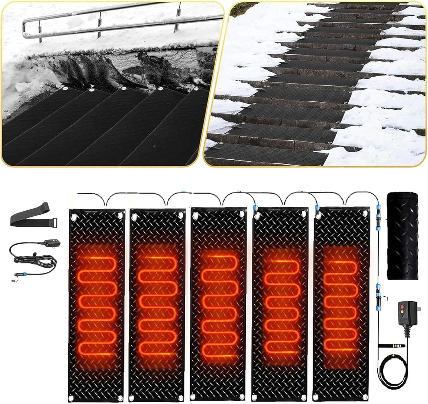 Snow Melting mats Outdoor Stairs, Slip-Proof Heated Snow Melting Mat, w/Power Cord, Slip-Proof Design for Extra Traction, Winter Outdoor Snow Mat,5 Pcs-30x150cm/12x60in