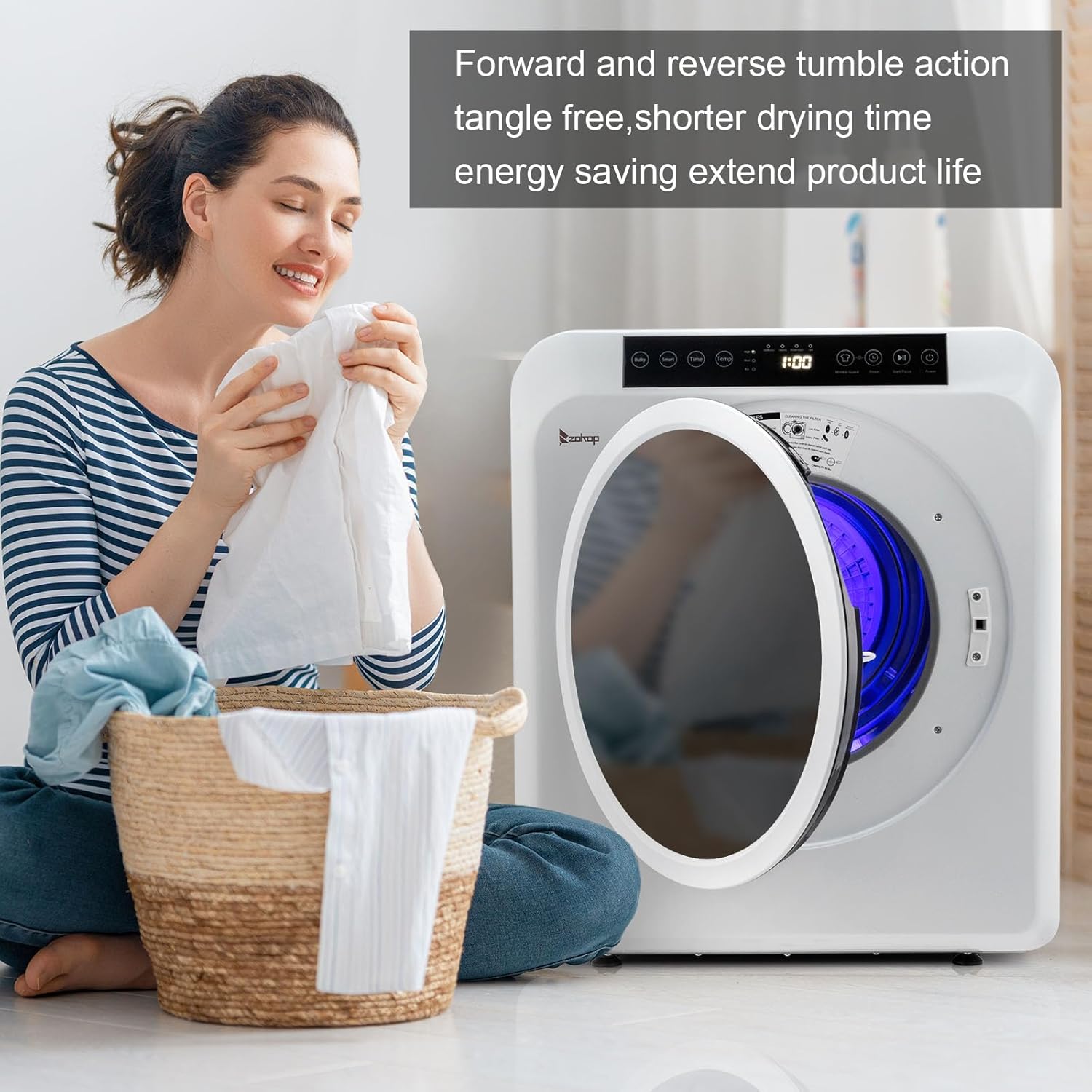 120V Portable Clothes Dryer, High End Laundry Front Load Tumble Dryer Machine with Stainless Steel Tub & Simple Control Knob for Apartment, Dorm-1300W, White