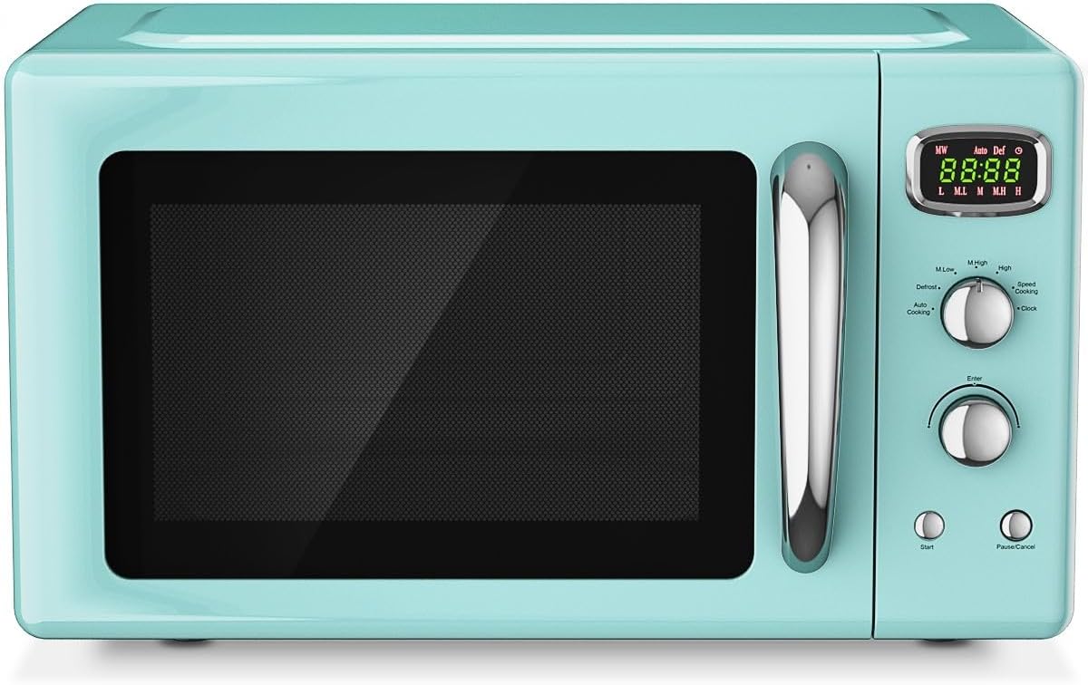 SIMOE Retro Microwave Oven 0.9Cu.ft, 900W Compact Countertop Microwave w/5 Micro Power & 8 Auto Cooking, Child Lock, Timer Setting & Glass Turntable, LED Display, Mint Green