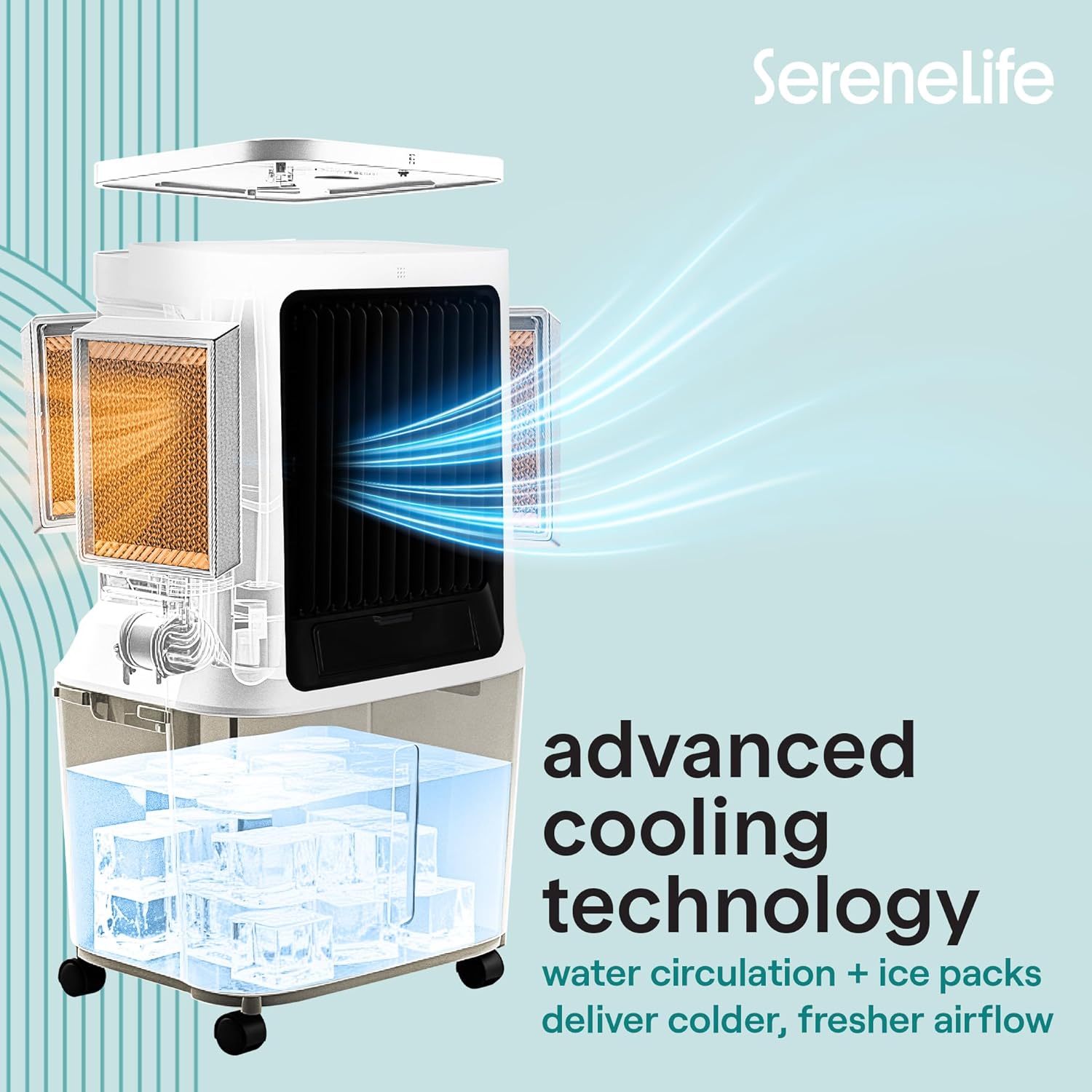 SereneLife Portable Swamp Cooler Air Conditioner - 2500 CFM Airflow, 8 Gallon Water Tank Portable Evaporative Air Cooler for Room & Outdoors, WiFi, Humidifier & Fan Modes, Ice Packs & Remote Included