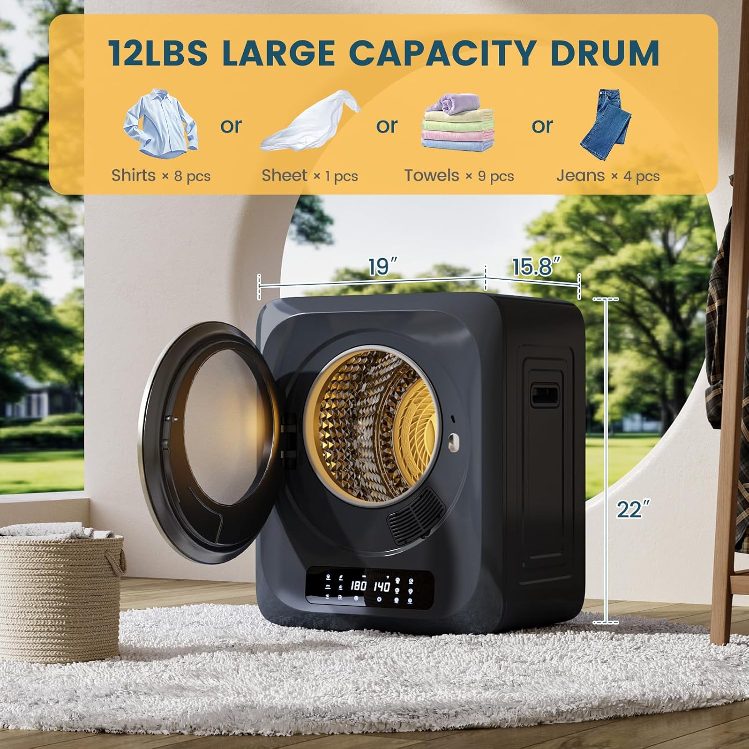 Zynkez 12Lbs Portable Clothes Dryer, 120V 850W Electric Compact Laundry Dryer with 6 Drying Modes, LED Touch Panel, Stainless Steel Tub for Apartments, Home, Dorms, RVs (Grey)