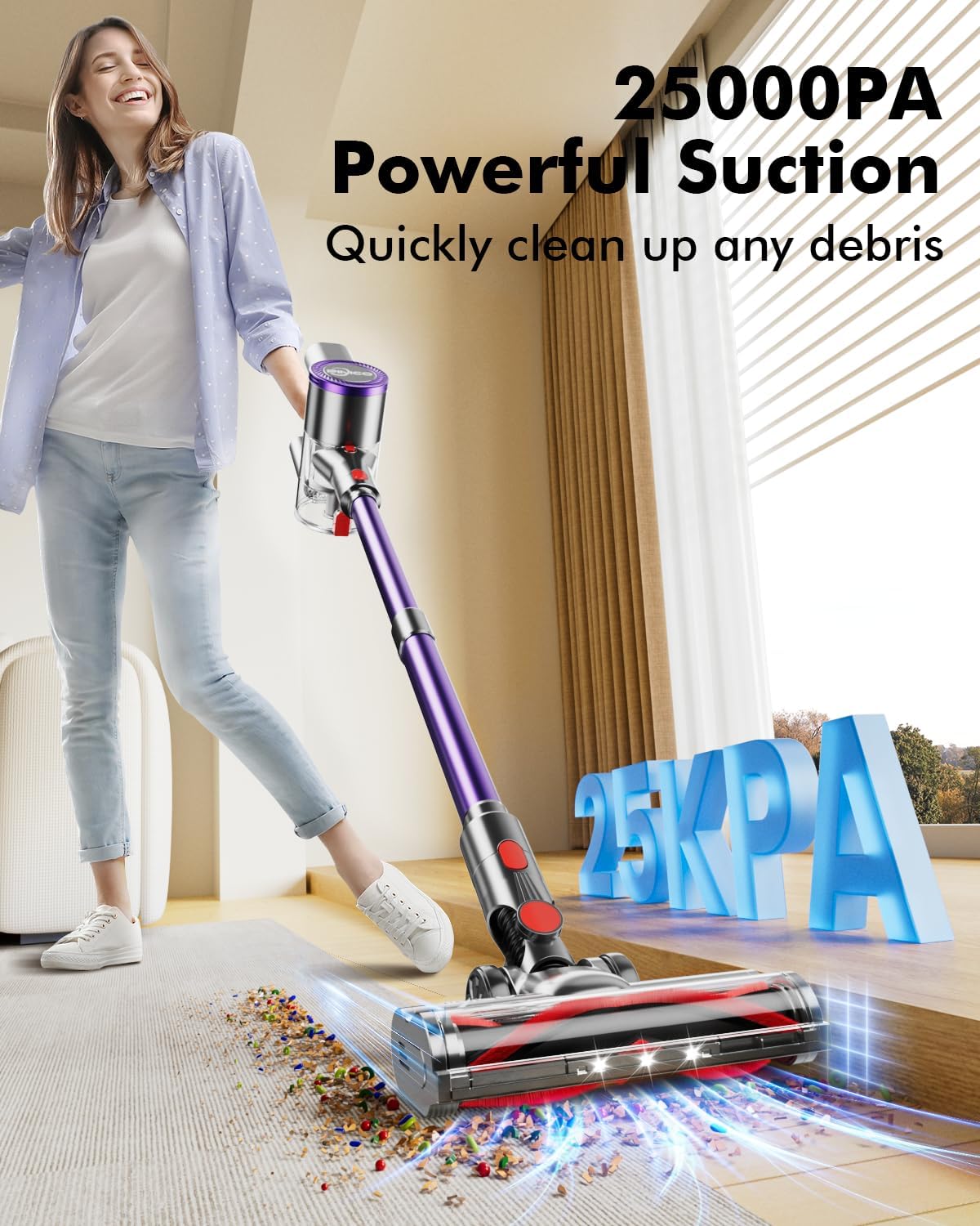 Cordless Vacuum Cleaner, 25kPA Vacuum Cleaners for Home, Stick Vac with Anti-Tangle Brush, 40 Mins Runtime, Lightweight, Versatile for Carpet, Hard Floor, Pet Hair (Purple)