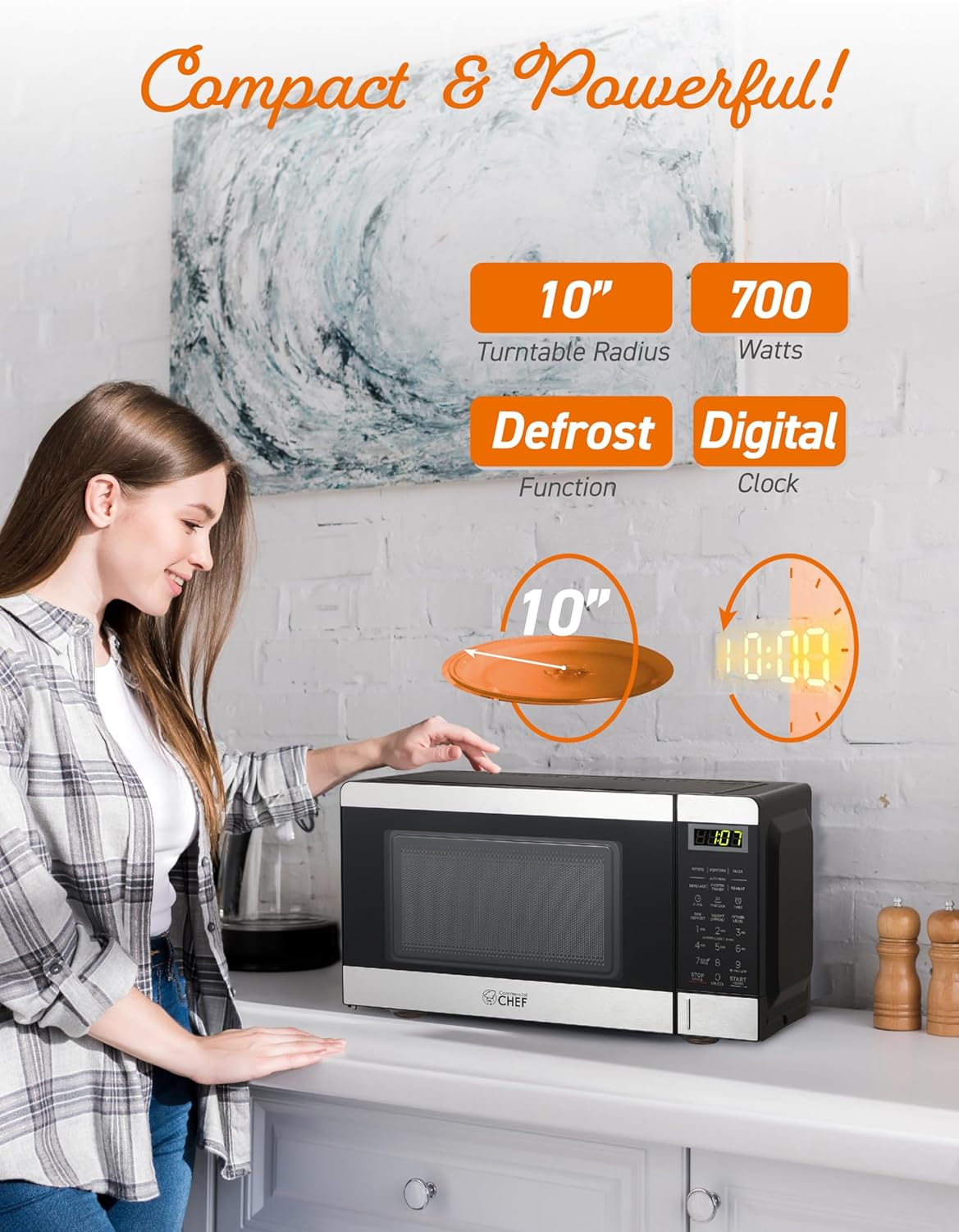 COMMERCIAL CHEF 0.7 Cubic Foot Microwave with 10 Power Levels, Small Microwave with Push Button, 700W Countertop up to 99 Minute Timer and Digital Display, Stainless Steel