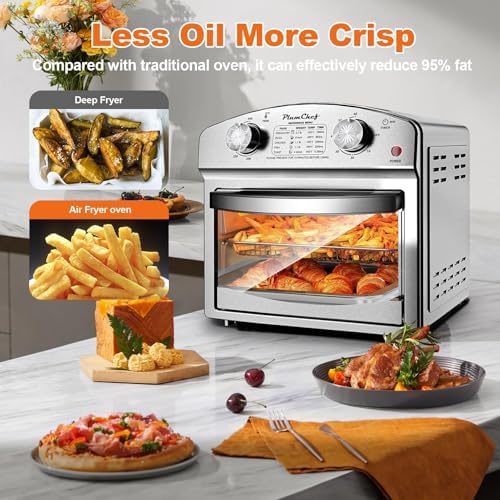 PlumChef 13 Quart 4 Slices Air Fryer Convection Toaster Oven, 1500W, Multifunction Oven with Reference Menus on Panel, Time and Temperature Controls(Stainless Steel)