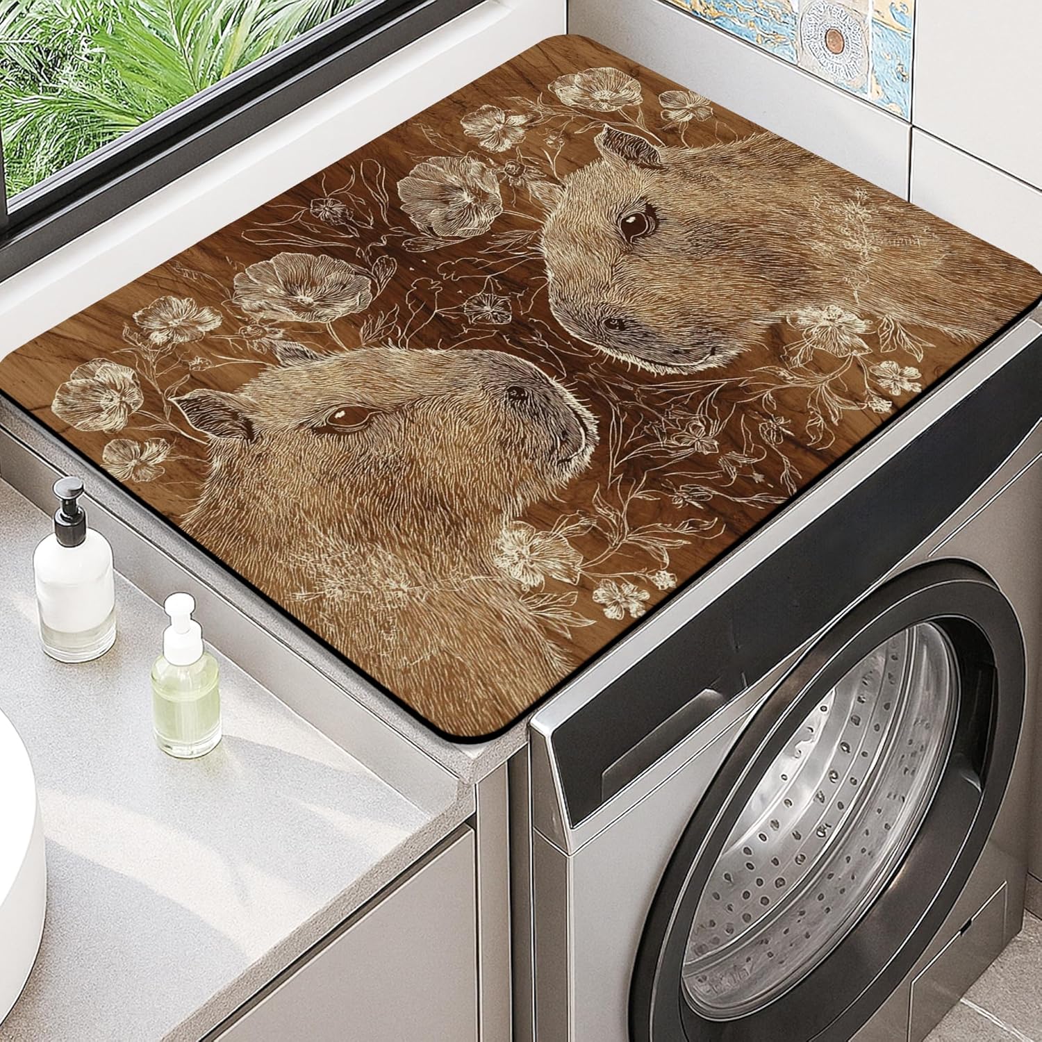 Floral Capybara Washer Dryer Top Protector Mat, Vintage Botanical Capybara Laundry Machine Covers, Summer Floral Rubber Anti-slip Waterproof Washer And Dryer Mats for Laundry Room 20x24 Inch