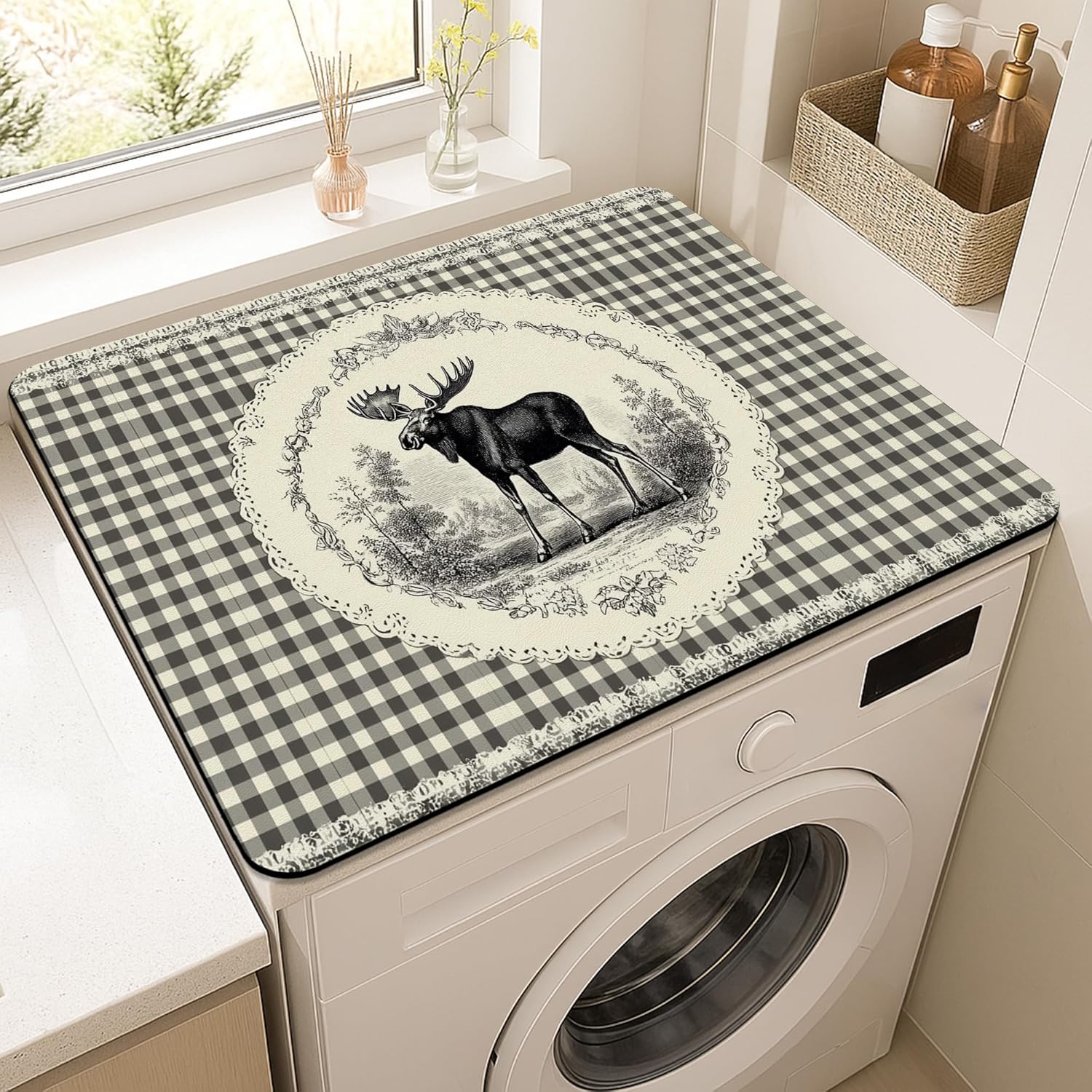 Moose Washer Dryer Top Protector Mat, Vintage Rustic Animal Laundry Machine Dust Covers, Fall Decorative Rubber Anti-slip Waterproof Washer and Dryer Mats for Laundry Room 20x24 Inch