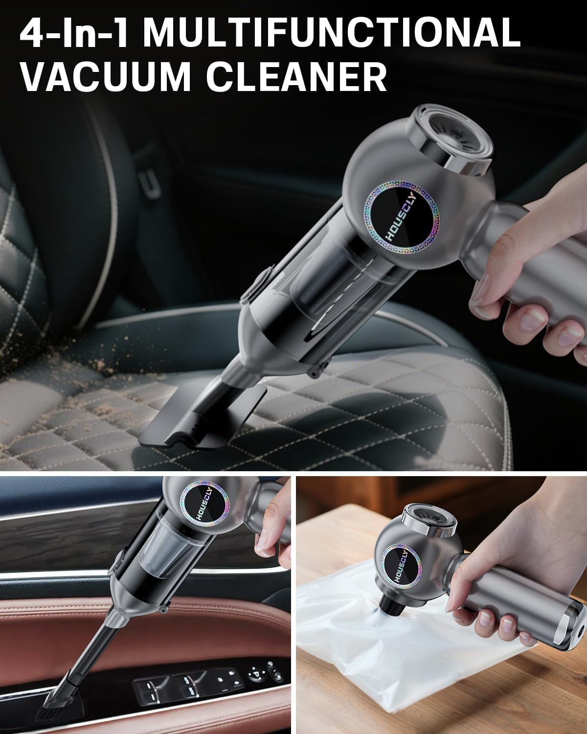 Handheld Car Vacuum Portable Cordless 25000Pa High Power Small Mini Hand Vacuum Cleaner Rechargeable 4-in-1 Compressed Air Duster Blower Pump Wireless Handheld Vac for Car Office Desktop Home Cleaning