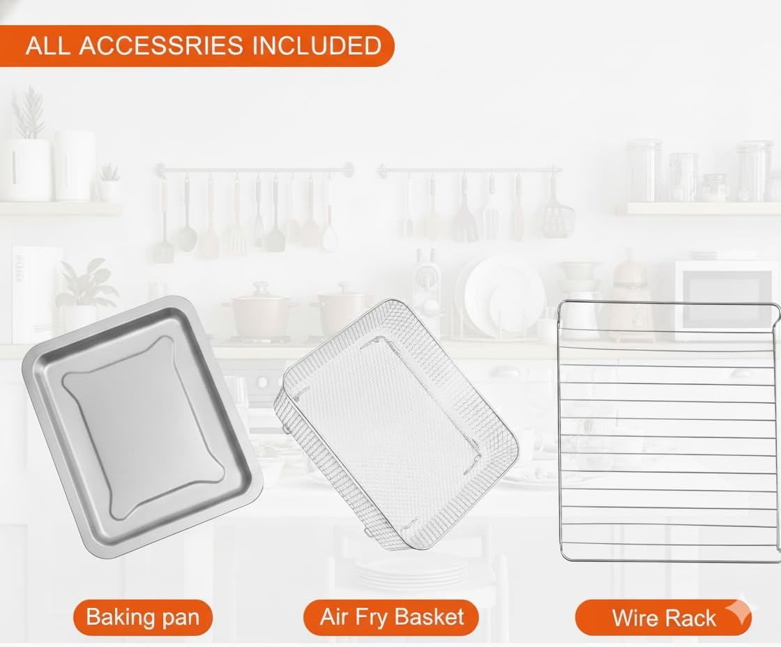 Simple Deluxe 26.4QT XL Air Fryer Toaster Oven Combo, 4-in-1 Countertop Convection Oven with Double Fan Technology, Includes Baking Pan & Fry Basket, Stainless Steel