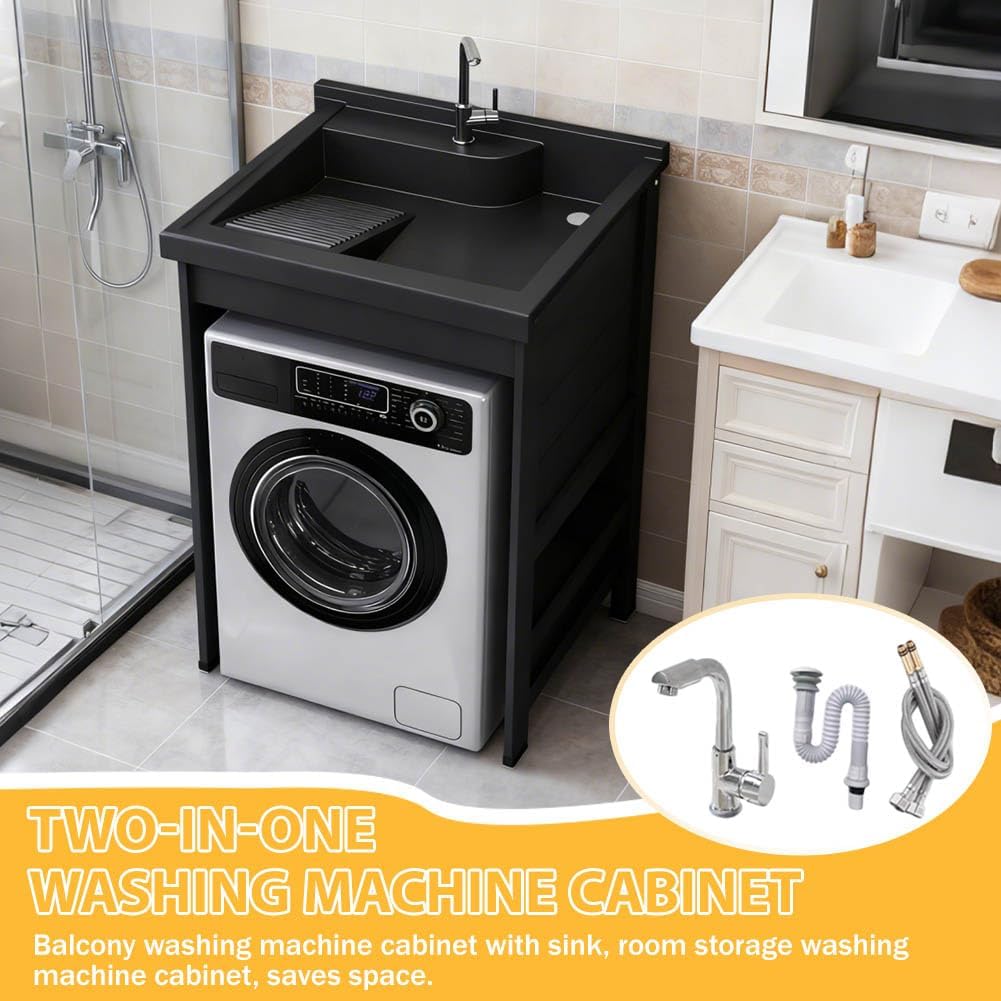 2-in-1 Washing Machine Cabinet, Sturdy Vertical Washing Machine Stand, Balcony Washing Machine Cabinet with Sink, Space-Saving Washing Machine Cabinet for Room Storage,70x65cm