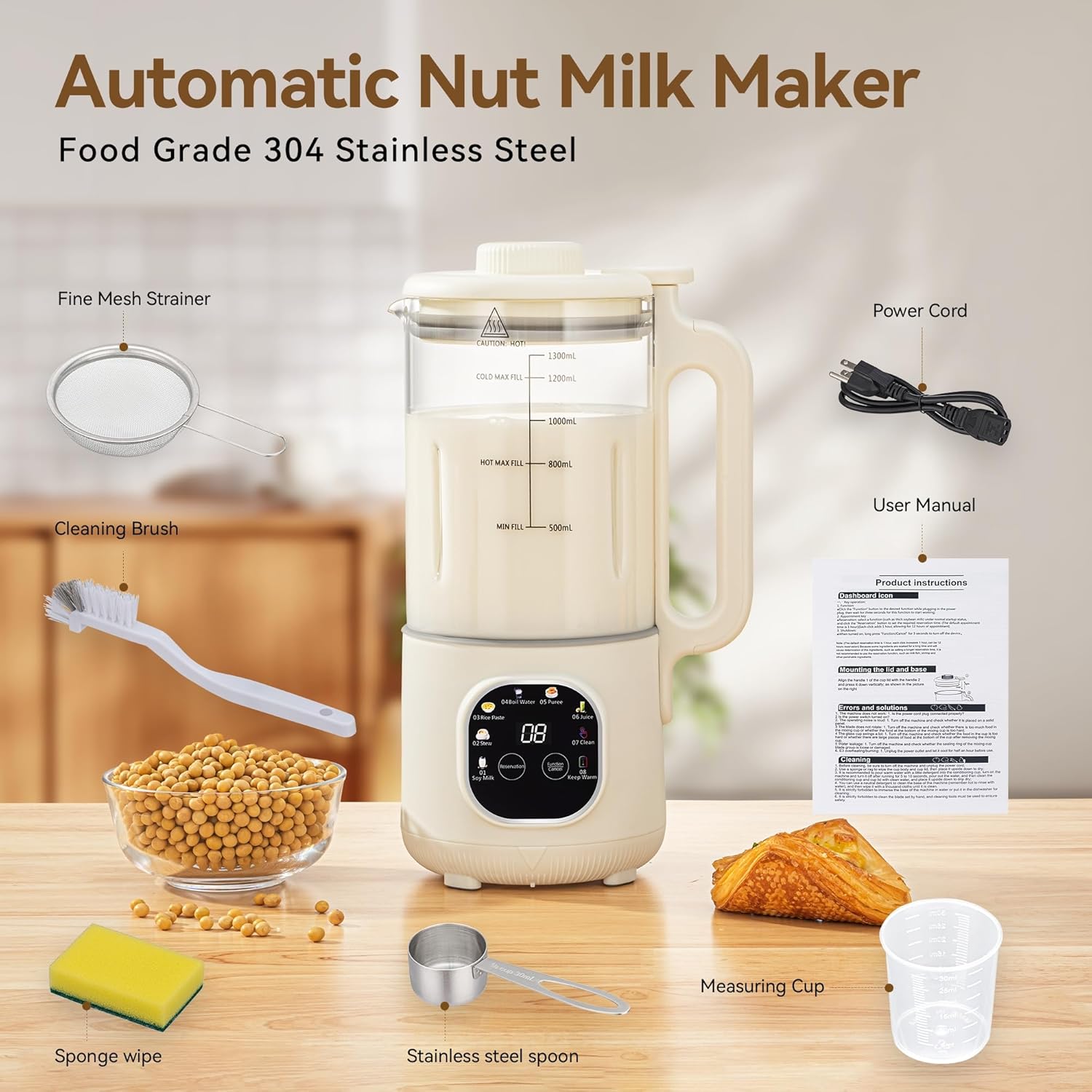 8 in 1 Nut Milk Maker Blender With 20 Bladers,40oz Soy, Almond, Oat, Coconut, Plant Based and Non Dairy Beverages, Automatic Soybean Machine With Delay Start/Keep Warm/Boil Water/Auto-clean