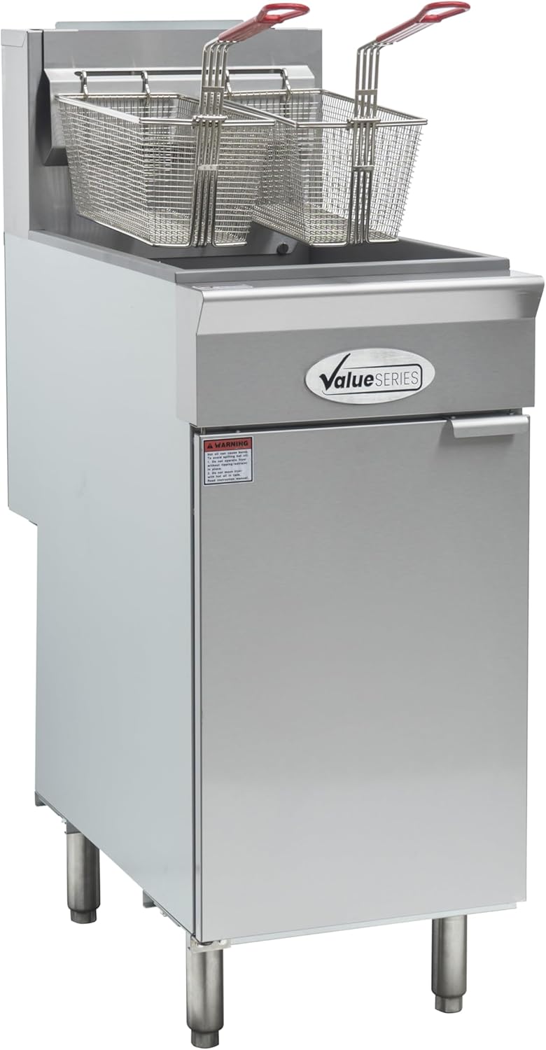 Value Series Commercial Deep Fryer 40 lb. Stainless Steel Floor Fryer for Restaurants, 3 Heating Tubes, 90,000 BTU, Fryer Baskets Included, Natural Gas Powered (29R-001-NAT)