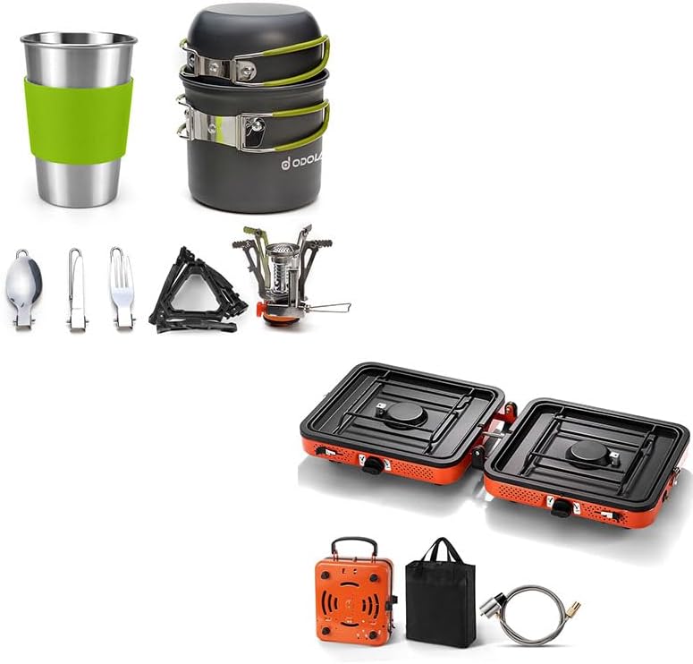 Odoland Bundle – 2 Items 9pcs Camping Cookware Kit and 2 Burner Camping Stove