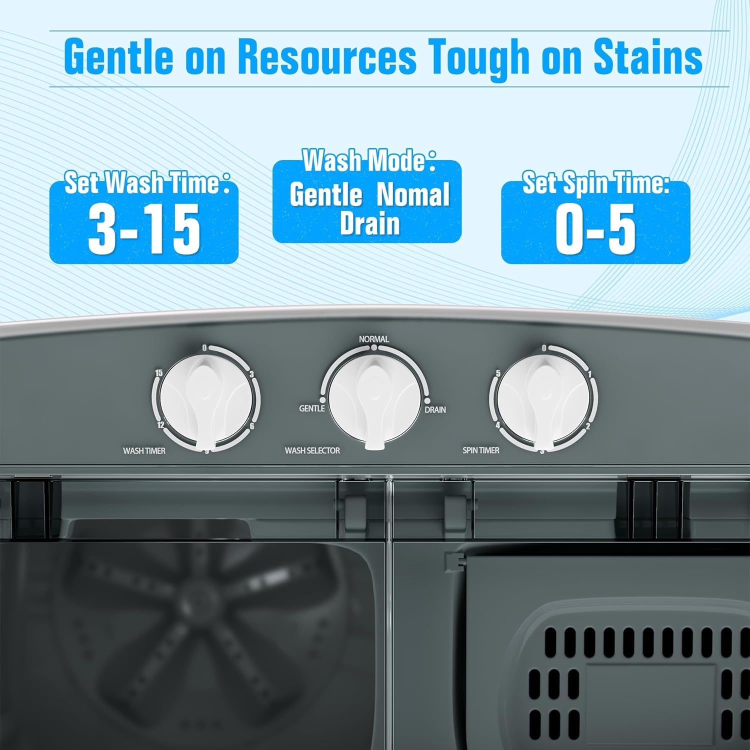 SUNCROWN Portable Washing Machine 16lbs, Mini Semi Automatic Semi Washer Semi Compact Twin Tub, Energy-Saving Laundry Combo with Extended Drain Hose & Pump for Dorms, Apartments, RV, (Black&White)