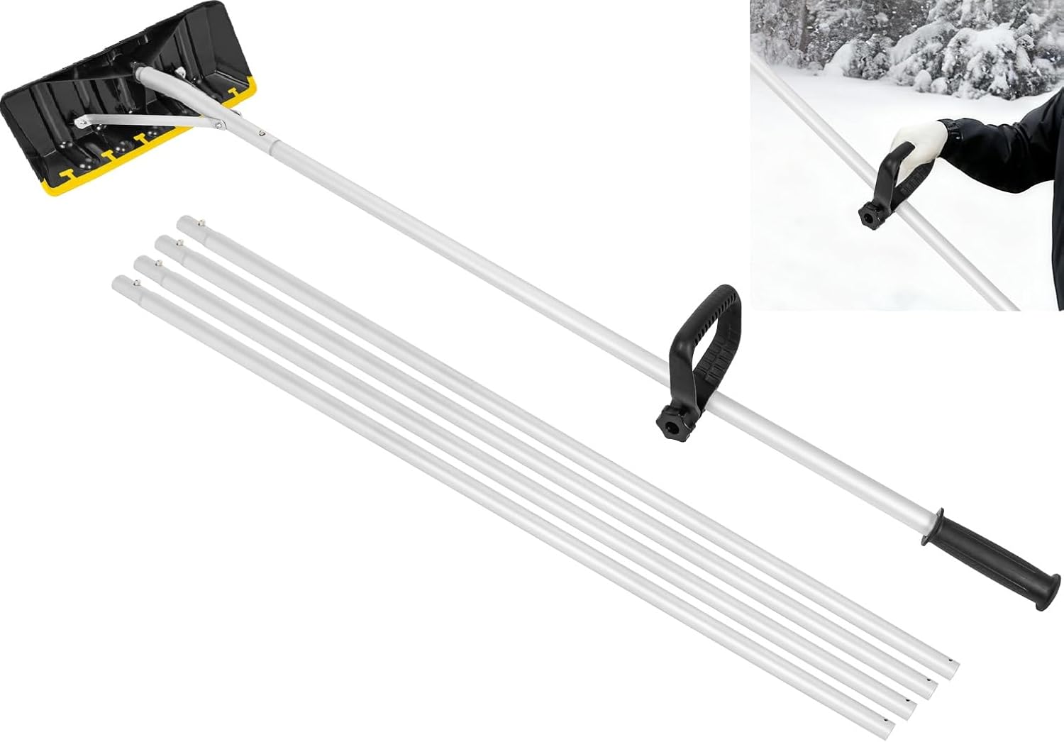 GMAK Snow Roof Rake Adjustable Length, 20FT Telescopic Roofs Shovel Plastic Blade Snow Removal Tool, Anti-Slip Handle Grip, Snow Rake with Handle for Winter Housetop Roof, Truck Lorry Snow, Leaves