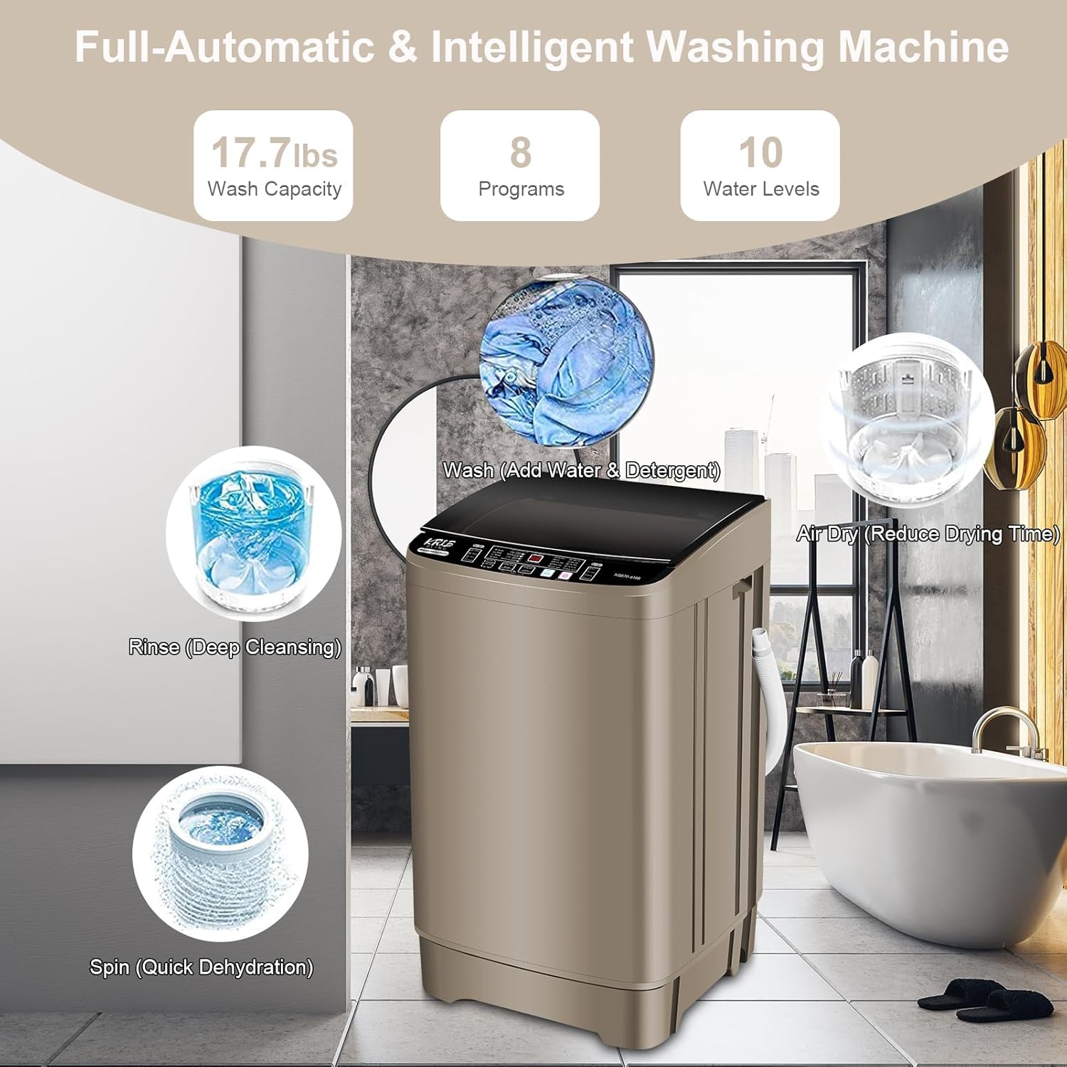 17.7 lbs Full Automatic Washing Machine with LED Display Compact Washing Machine with Drain Dump, 10 Wash Programs and 8 Water Levels Ideal for Dorms, Apartments, RV, Gold