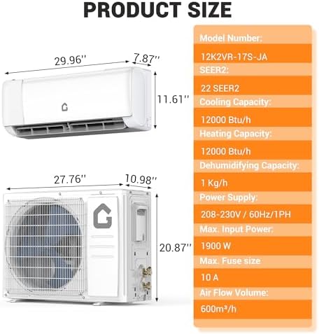 12,000 BTU Mini Split Air Conditioner,22 SEER2,750 Sq.Ft Cooling/Heating,Smart Inverter,Alexa WiFi Control, 5 Modes (Cool/Heat/Dehumid/Fan/Sleep), ECO Mode,3D Airflow,Self-Clean,Professional Kit