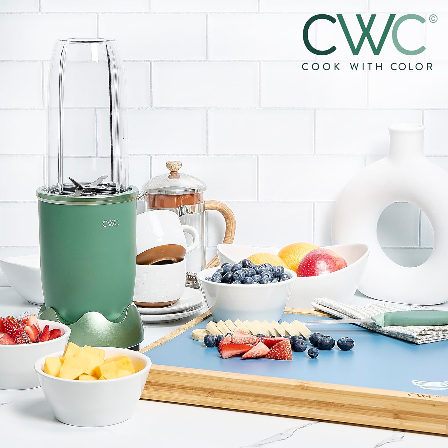 COOK WITH COLOR Personal Power Blender 600W, 24oz Capacity, BPA-Free Jar, Ice-Crushing Blades, Ideal for Smoothies & More, Anti-Slip Feet, Easy to Clean, Dark Sage