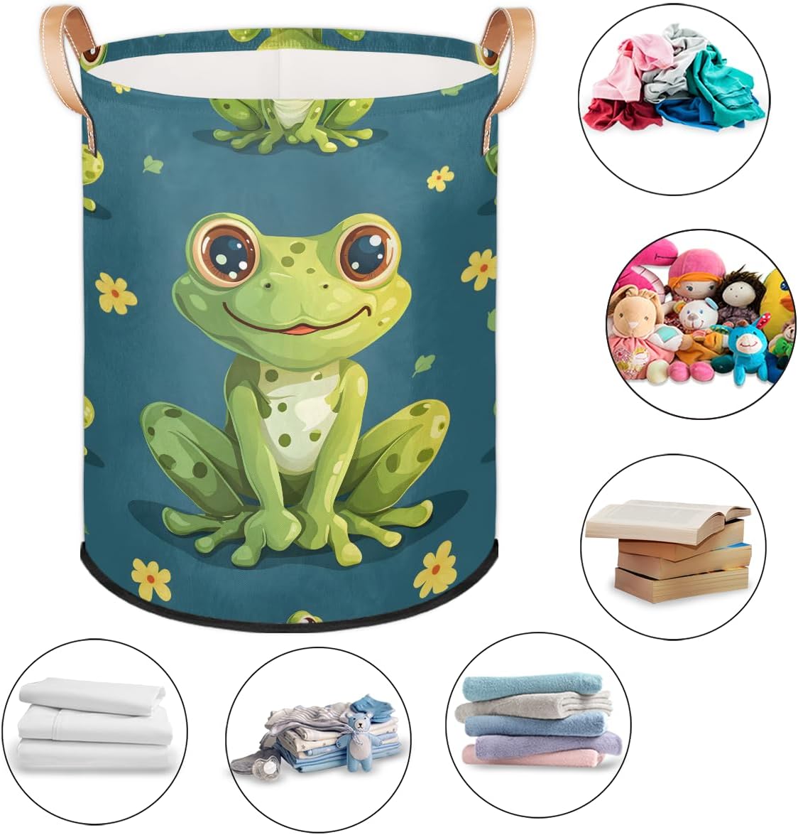 Daisy Frog Laundry Basket Collapsible Waterproof Storage Bin Organizer with Handles Round Dirty Clothes Nursery Hamper for Living Room Bedroom Bathroom Toys Box