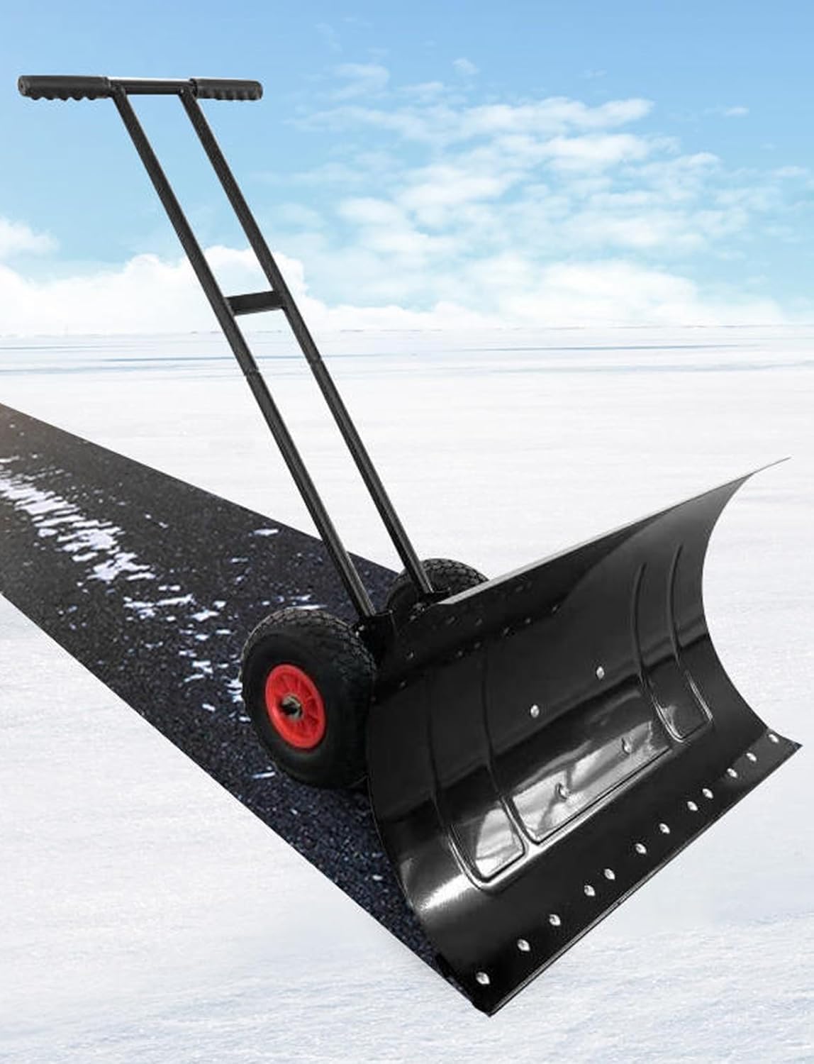 Dual-Handle Wheeled Snow Shovel, Adjustable Height-Blade Direction, Carbon Steel Pusher for Snow, Grain, Coal(100x43cm/39x17in)