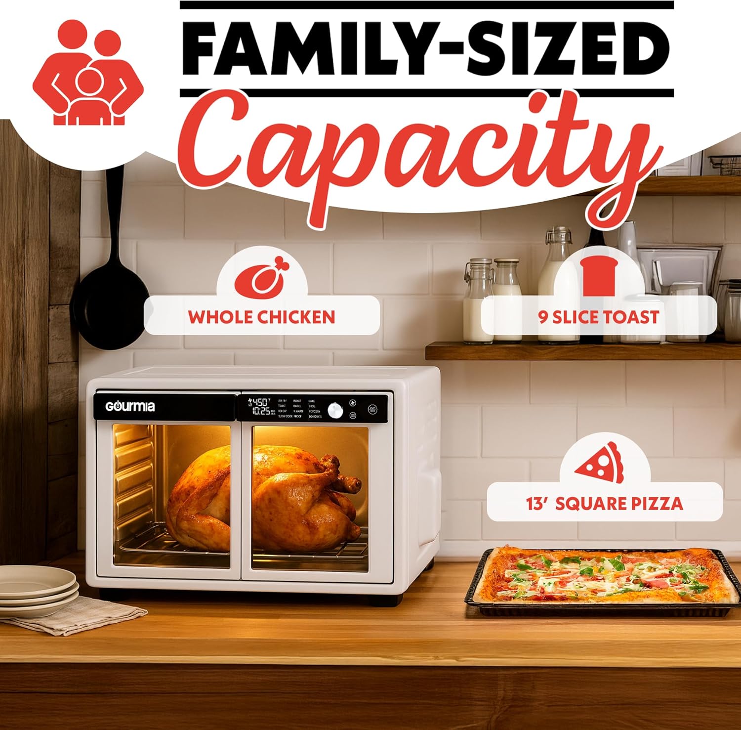 Gourmia French Door Air Fryer Oven - 37 Qt Large Capacity Convection Toaster Oven, FryForce 360°, Digital Display, 12 Cooking Presets, Dehydrate, Fits 13” Pizza, Dishwasher-Safe, White