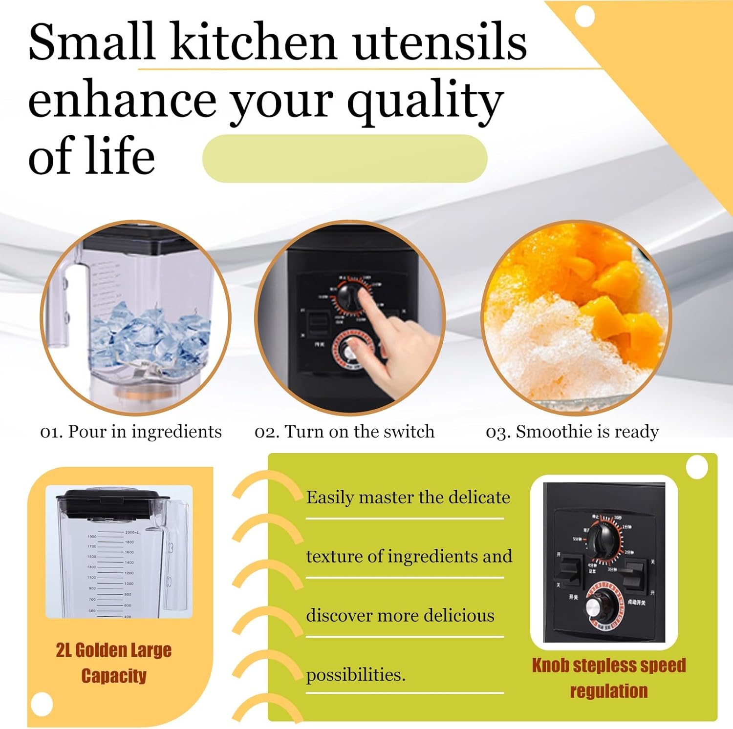 Soundproof 2200W Commercial Blender with 2L Jar, FastIce Crushing, Quiet Operation, Self Cleaning, Heavy Duty Smoothie Maker