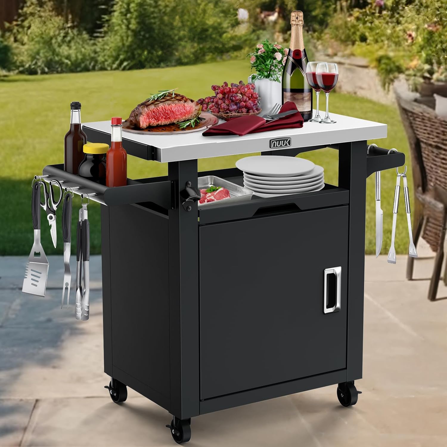 Nuuk Grill Table with Storage Cabinet, Outdoor Bar Cart Pizza Oven Table with Wheels, Stainless Steel Top Kitchen Island 20