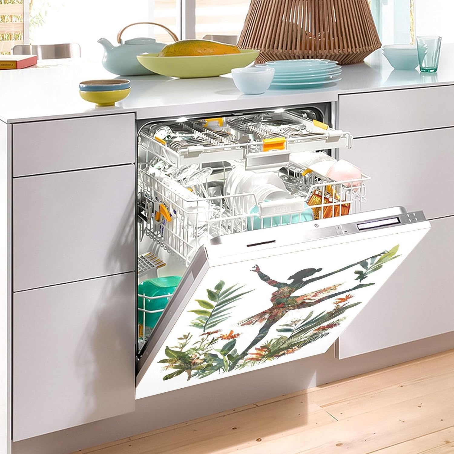 Dishwasher Magnet Cover Large Magnetic Stickers Ballerina Figure Tropical Plants Front Dishwasher Cover Reusable Decal for Home Kitchen Anti-Scratch Refrigerator Decorative Lid Washing Machine Laundry