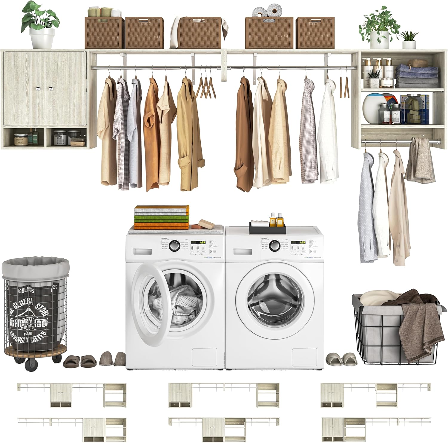 Unikito Over Washer and Dryer Storage Shelves and Organizer, Wall Mounted Laundry Room Shelf with 3 Hanger Rods, Laundry Room System, Space Saver Clothes Drying Rack, 118