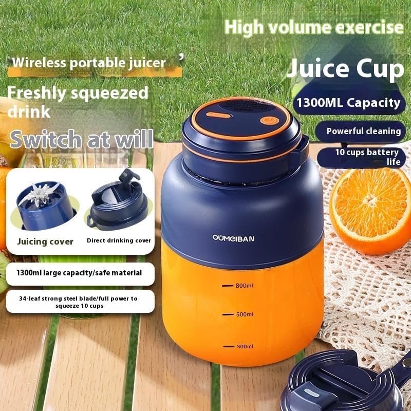 Portable Electric Juicer Cup, Navy Blue and Orange, 800ml Capacity, Wireless Small Blender with Measurement Markings