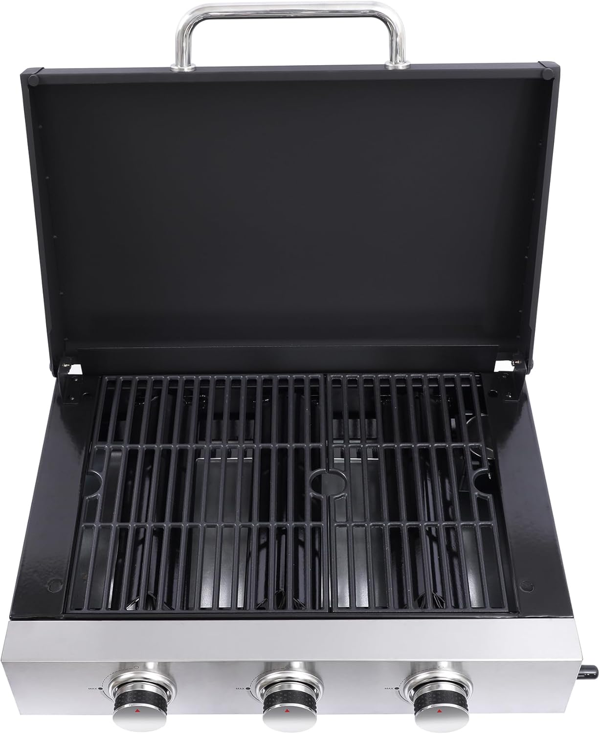 26,550 BTU Propane Gas Grill with Thermometer, 100-800°F Temp Control, Foldable Side Table, 2 Wheels for Mobility, 430 Stainless Steel Fire Box & Warming Rack, Include Hanging Basket & Tool Hooks