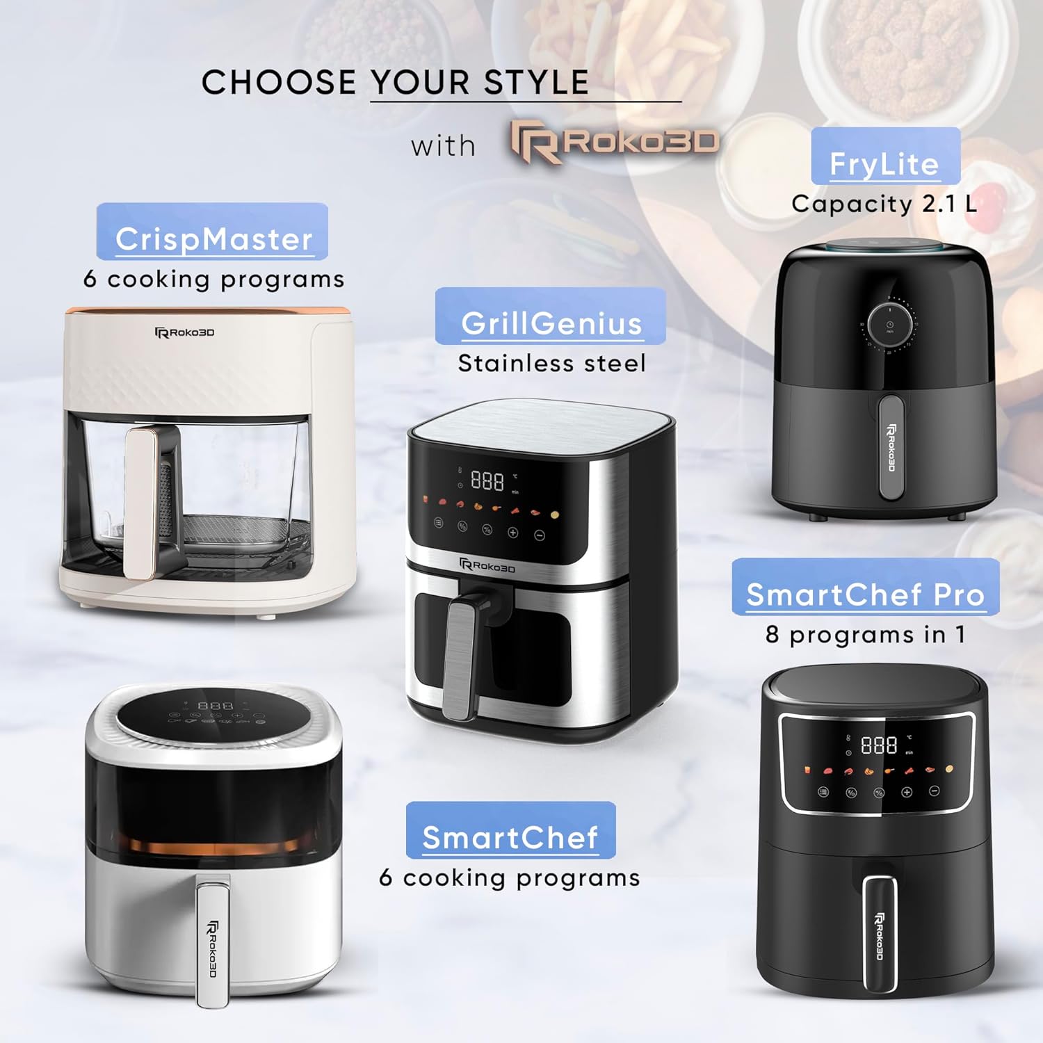 Air Fryer Stainless Steel ROKO 3D with Visible Window - 5Qt Capacity for 3-5 Persons | 18 in 1 - Fry, Bake, Toast, Broil, Reheat without Oil - 1400W, Dishwasher Safe, Luxury Black and Silver