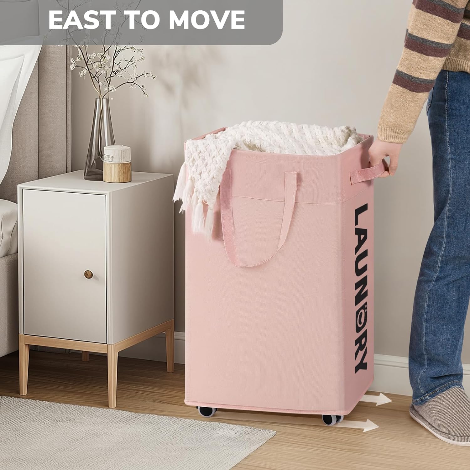 Goodpick Pink Laundry Basket with Wheels, Dorm Room Essentials for Girls, 75L Collapsible Laundry Basket, Laundry Hamper with Handle for College Dorm