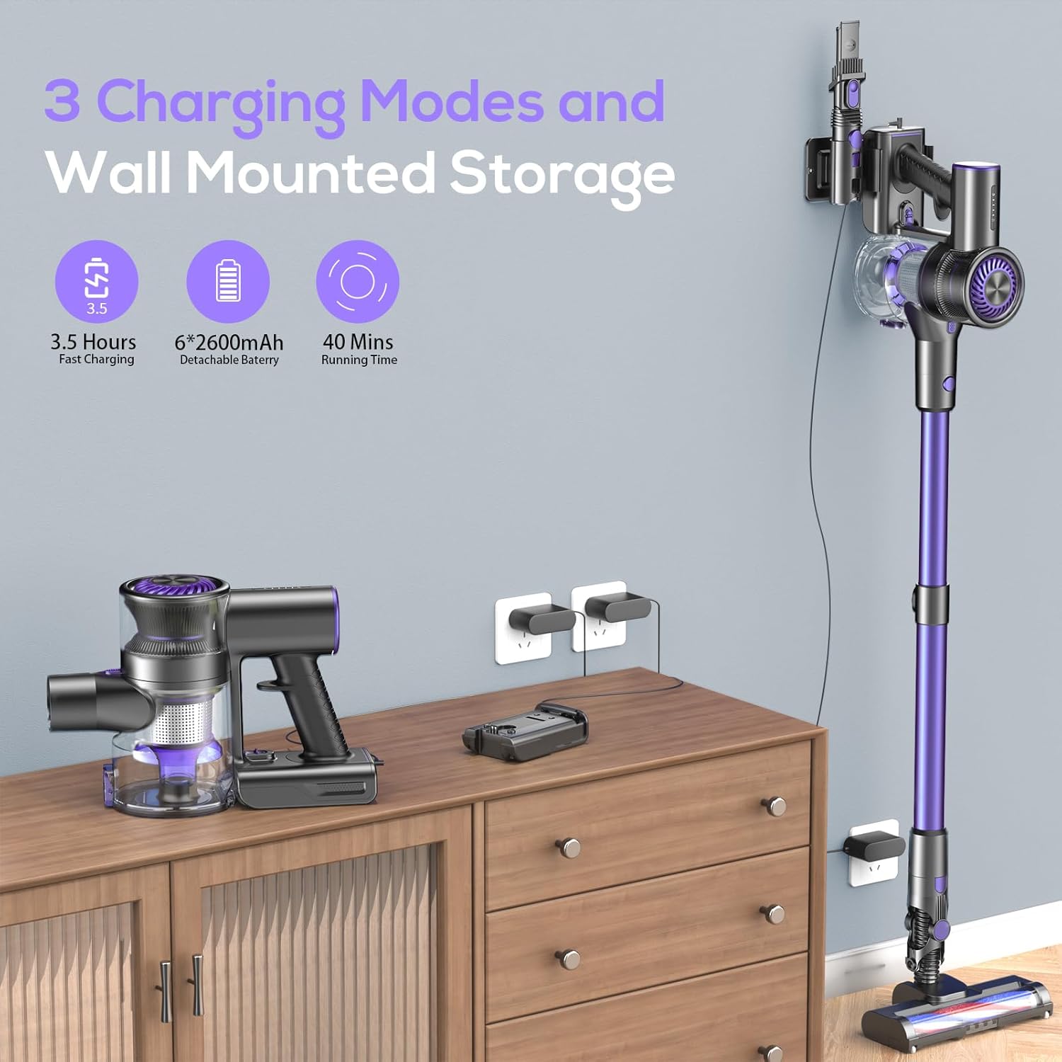 Cordless Vacuum Cleaner, Vacuum Cleaner for Home with 80000 RPM High-Speed Brushless Motor, Up to 40 Mins Runtime, 2 Adjustable Suction, Anti-Tangle, Lightweight Stick Vacuum for Hard Floor (Yellow)