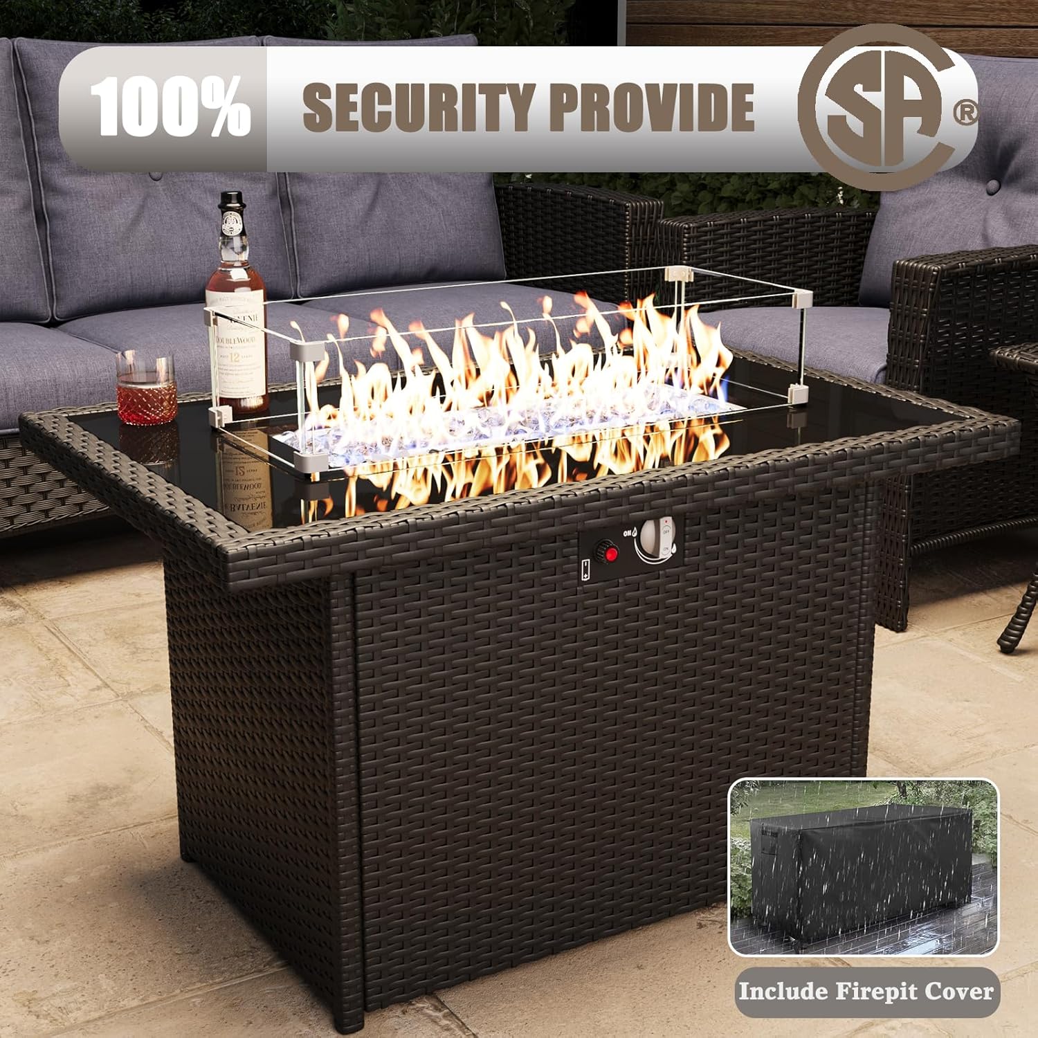 LayinSun 10 Piece Wicker Patio Furniture Set with Fire Pit Table, Classis Outdoor Conversation 360 Degree Swivel Chairs Set with Coffee Table