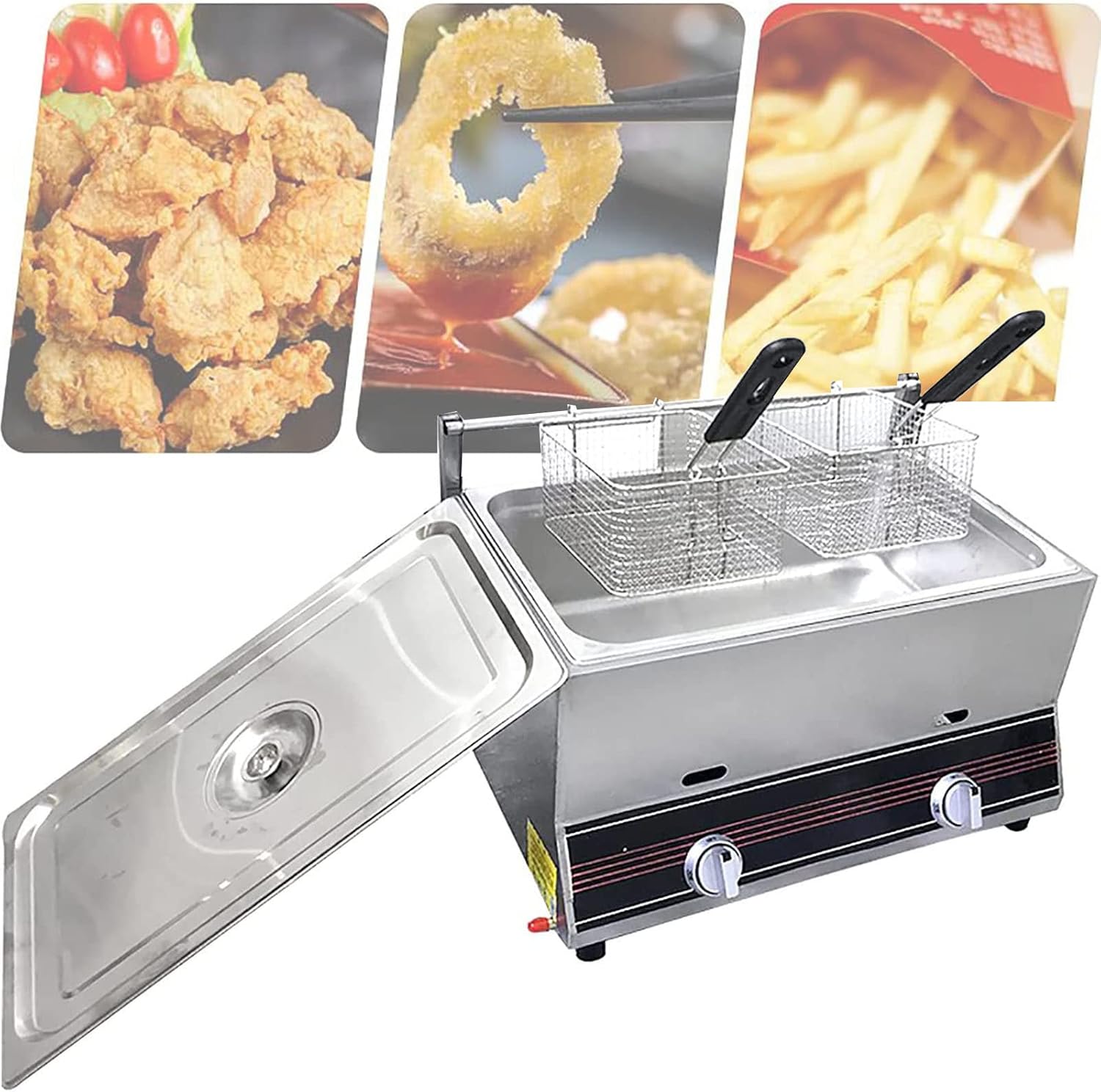 Commercial Deep Fryer, 20L Large Capacity Gas Fryer with Baskets,Stainless Steel Countertop LPG Gas Fryer Deep Fryer, for French Fries, Restaurant, Home Kitchen（Liquefied Petroleumgas Lpg）