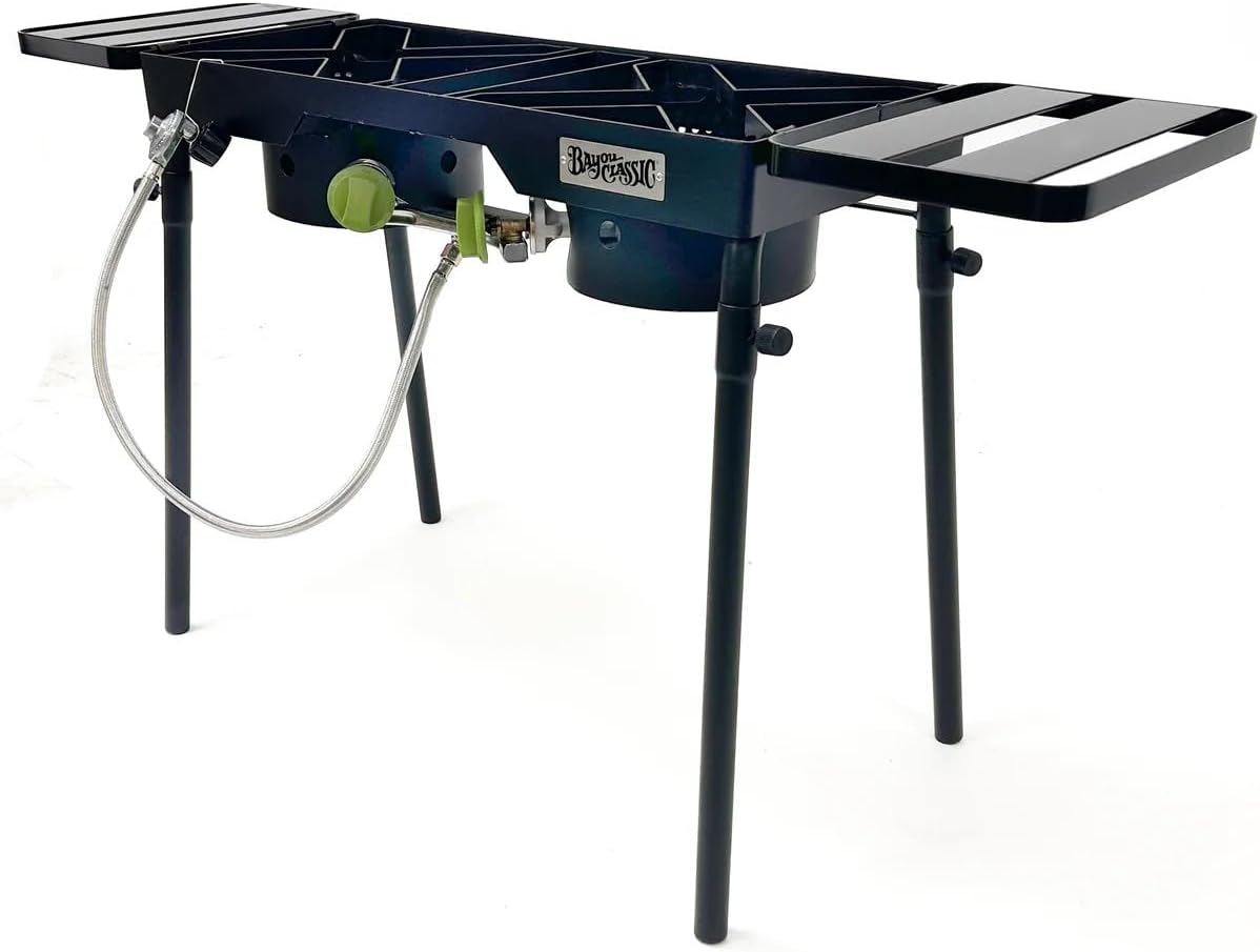 Bayou Classic DB375 Dual Burner Outdoor Patio Stove Features 13-in Tall Welded Steel Frame Dual 6-in Burners Dual 36-in Stainless Braided Hoses Designed for Large Pots up to 62-qt Capacity