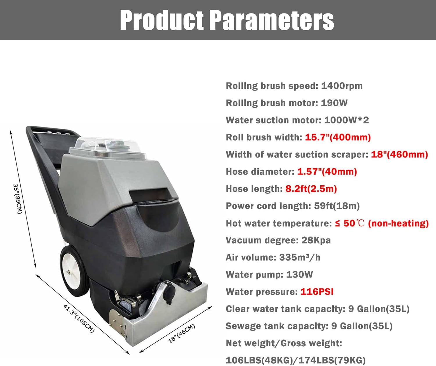 35L Commercial Cold and Hot Water Carpet Cleaning Machine Hand Pushed 3 in 1 Hotel Carpet Extractor Cleaner 110V 2320W