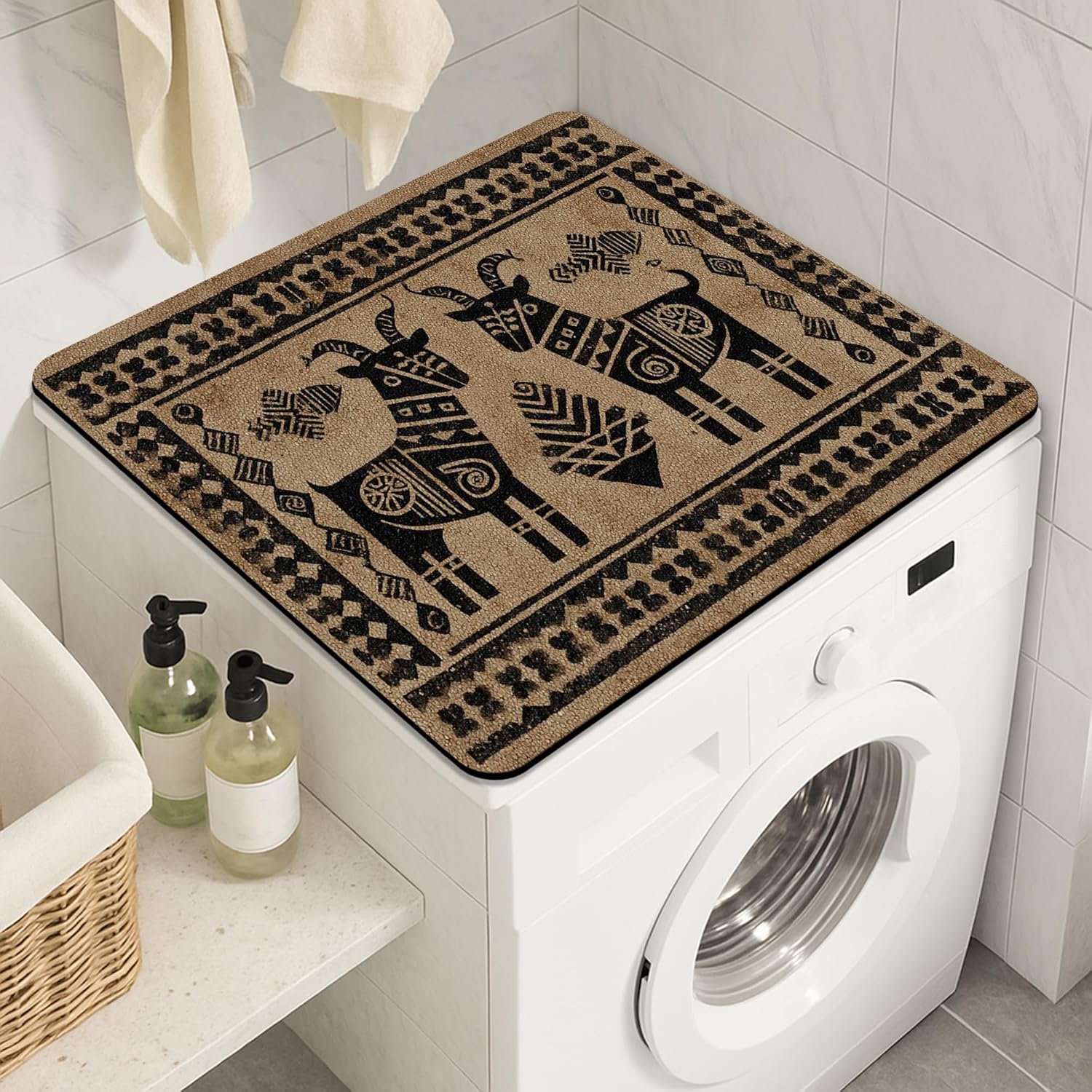 Abstract Goat Washer Dryer Top Protector Mat, Tribal Modern Black and Beige Laundry Machine Covers, Rustic Rubber Anti-slip Waterproof Washer And Dryer Mats for Home 24x24 Inch