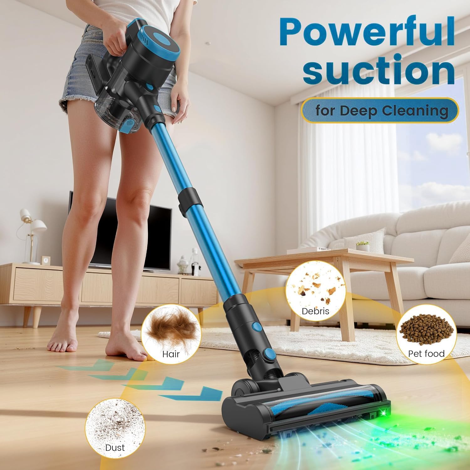 Zefiro Cordless Vacuum Cleaner,45Mins Runtime Stick Vacuum, Anti-Tangle and 1.5L Dust Cup, Lightweight Vacuum for Hardwood Floor Carpet Pet Hair