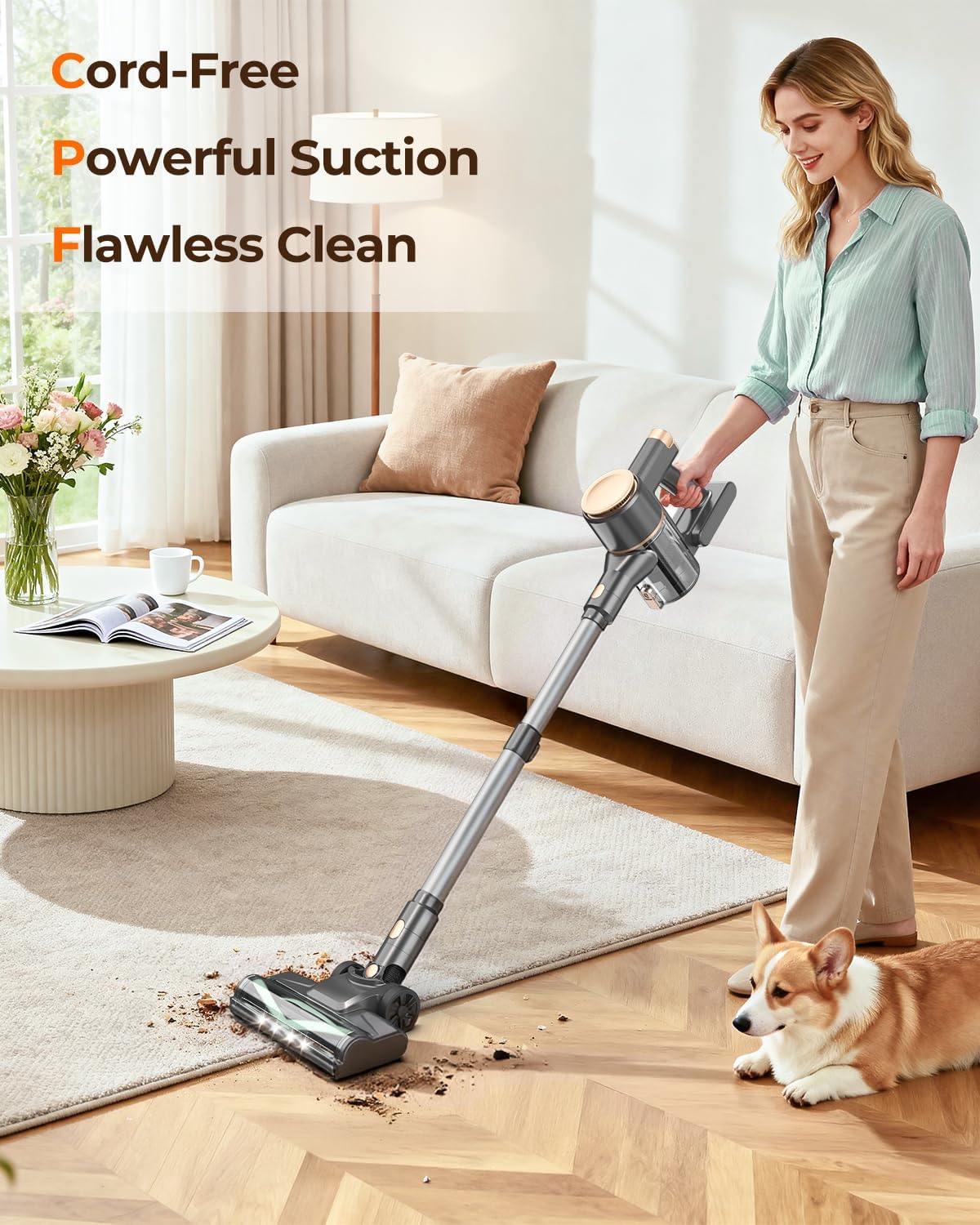 N8 Cordless Vacuum Cleaner,Lightweight Stick Vacuum with Powerful Suction,2200mAh Battery,40 Mins Runtime,Self-Standing,Rechargeable Vacuum Cleaners for Home Hardwood Floor Carpet Pet Hair (Gold)