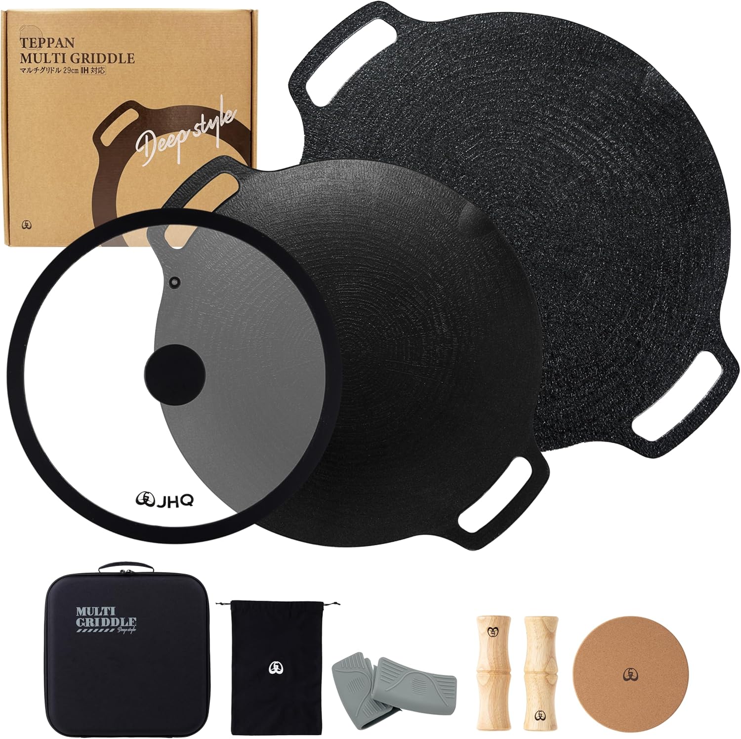 JHQ Honke Multi-Griddle Iron Plate, Flat 13.0 inches (33 cm), Deep 11.4 inches (29 cm), Set of 2 Main Units, Includes Storage Hard Case, Wooden Grip, Cork, Storage Case, Gray Mittens + Lid, Genuine
