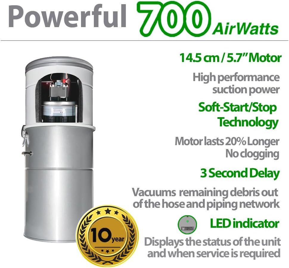 OVO Heavy Duty Powerful Central Vacuum System, Hybrid Filtration (with or Without Disposable Bags) 35L or 9.25Gal, 700 Airwatts with 35ft Carpet Deluxe Accessory Kit Included