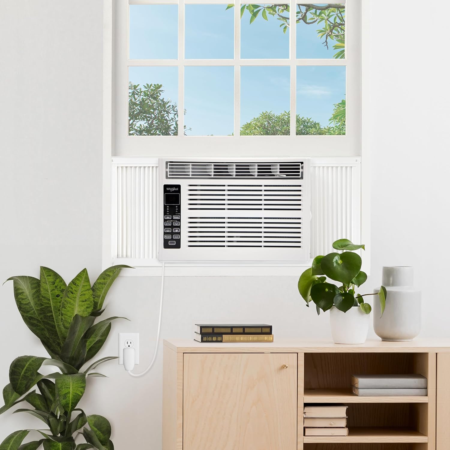 Whirlpool 8,000 BTU Window Air Conditioner with Dehumidifier, 115V, Window AC for Rooms up to 350 Sq. Ft., Living Room, Bedroom, or Apartment, with 3 Speeds, Remote Control, and 24H Timer, White