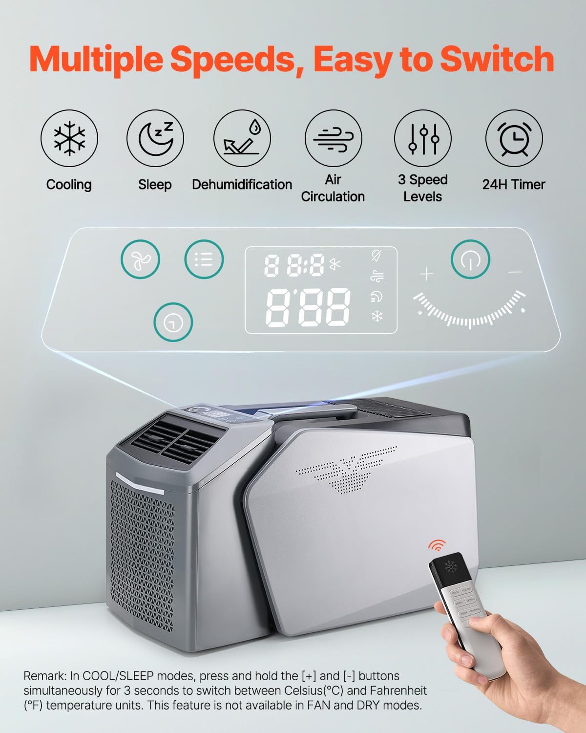 VEVOR Portable Air Conditioner, 5000 BTU 3-Speed Air Conditioning Unit with 24H Timer, Air Portable AC Adjustable from 16-32℃, Compatible with AC/DC 48V for Outdoor Tent Camping, RVs or Home Use, Grey