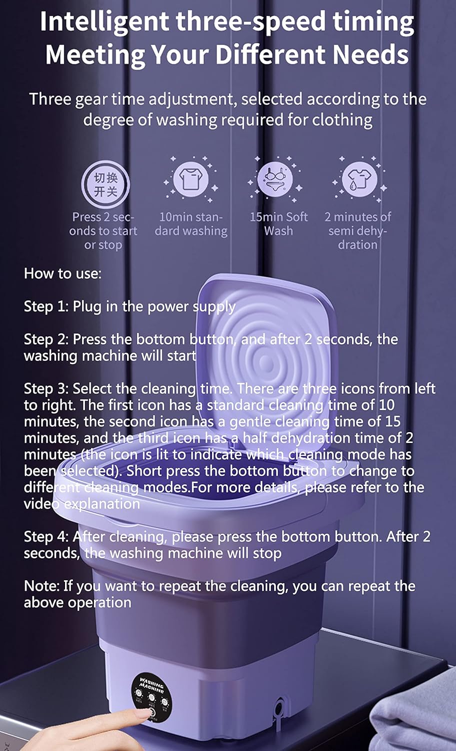 Portable Washing Machine, 8L High Capacity Mini Washer with 3 Modes Deep Cleaning Half Automatic Washt, Foldable Washing Machine with Soft Spin Dry for Socks, Baby Clothes, Towels, Delicate Items