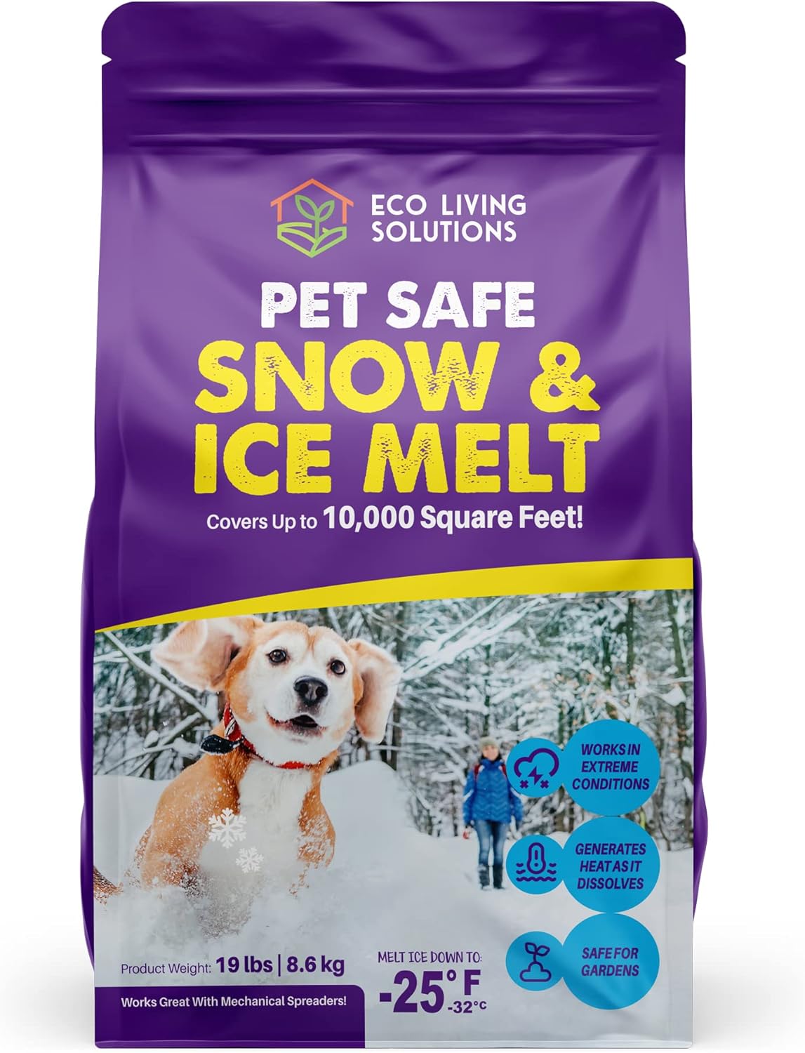 Pet Safe Snow & Ice Melt | Eco Living Solutions | Calcium Chloride | Works Under -25 °F | Safe for Concrete Driveway and Roof | Better Than Rock Salt | Safe for Kids and Pets (19 Lbs)